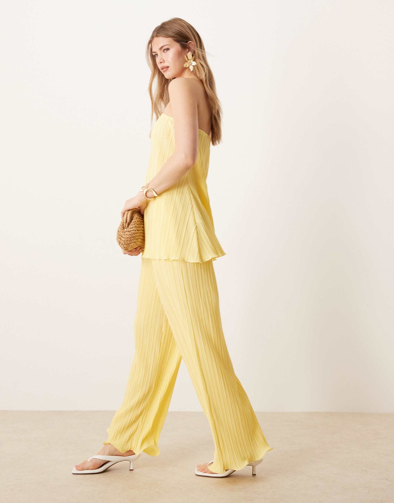 YAS plisse wide leg trouser co-ord with rolled hem detail in vanilla yellow