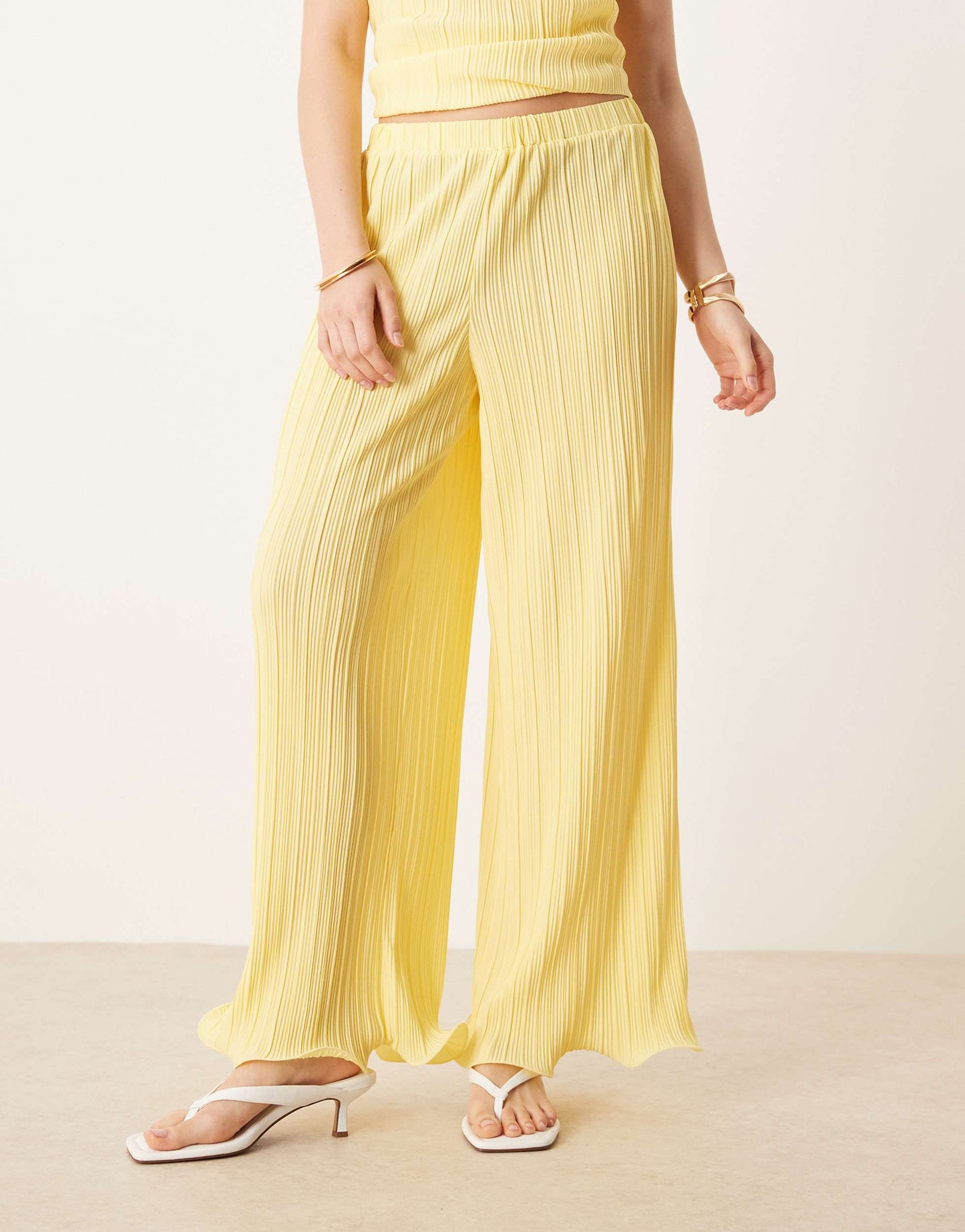 YAS plisse wide leg trouser co-ord with rolled hem detail in vanilla yellow