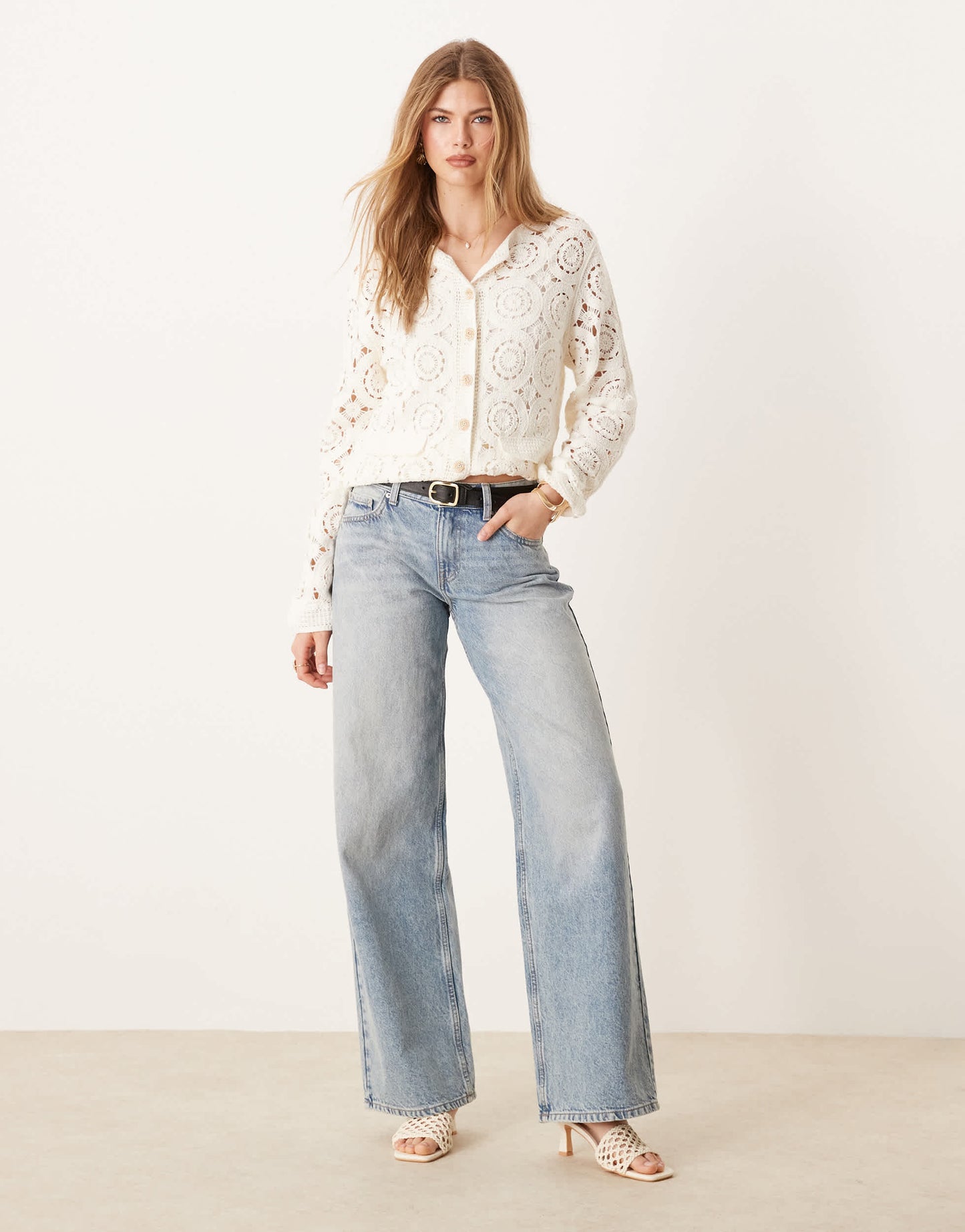 YAS circle crochet knit cardigan with gold button detail in cream