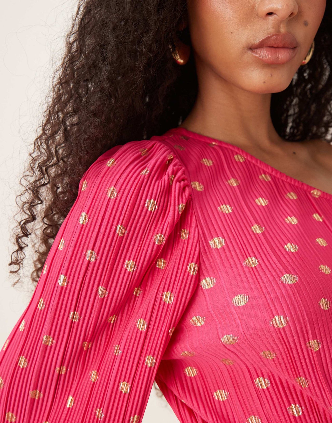 YAS foil spot plisse one shoulder maxi dress in pink