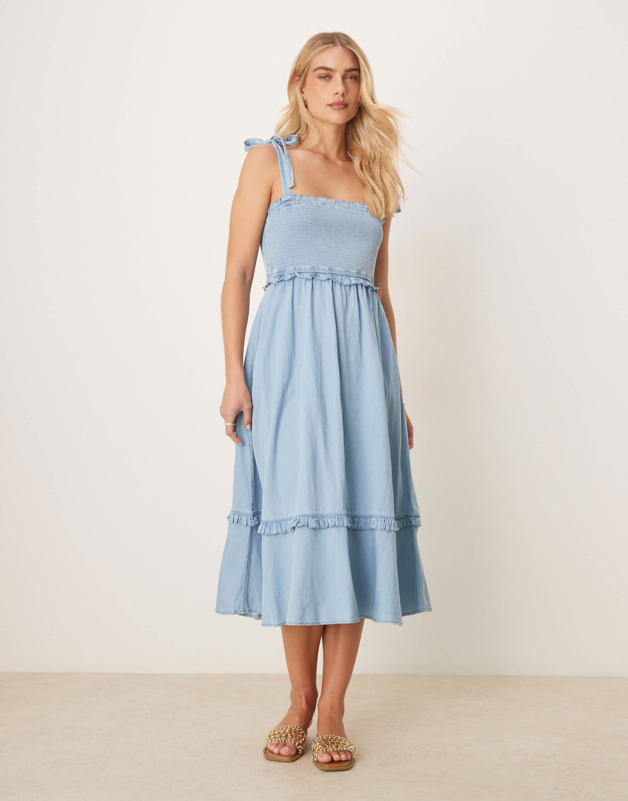 YAS tie shoulder chambray denim midi dress with shirred bust in blue