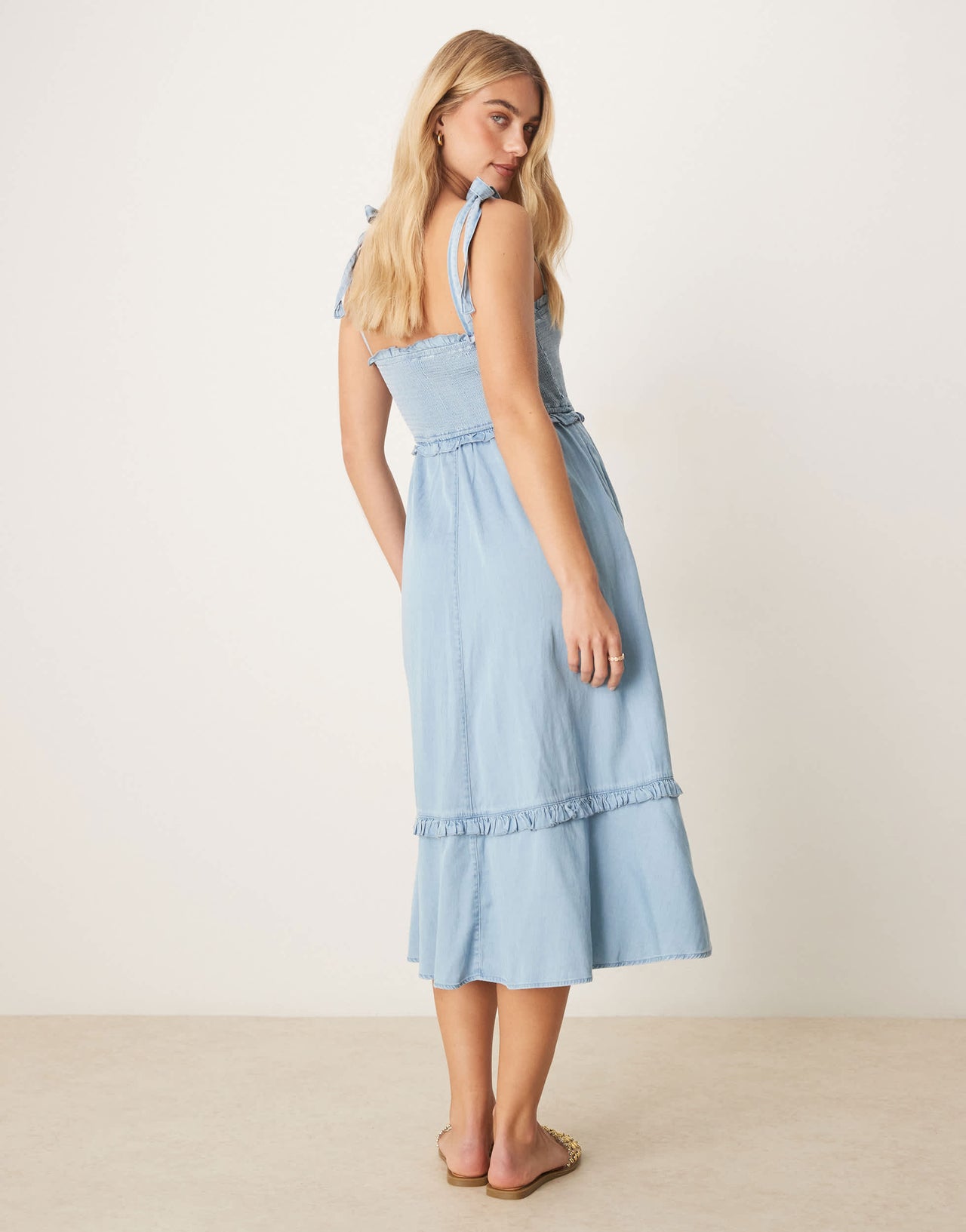 YAS tie shoulder chambray denim midi dress with shirred bust in blue