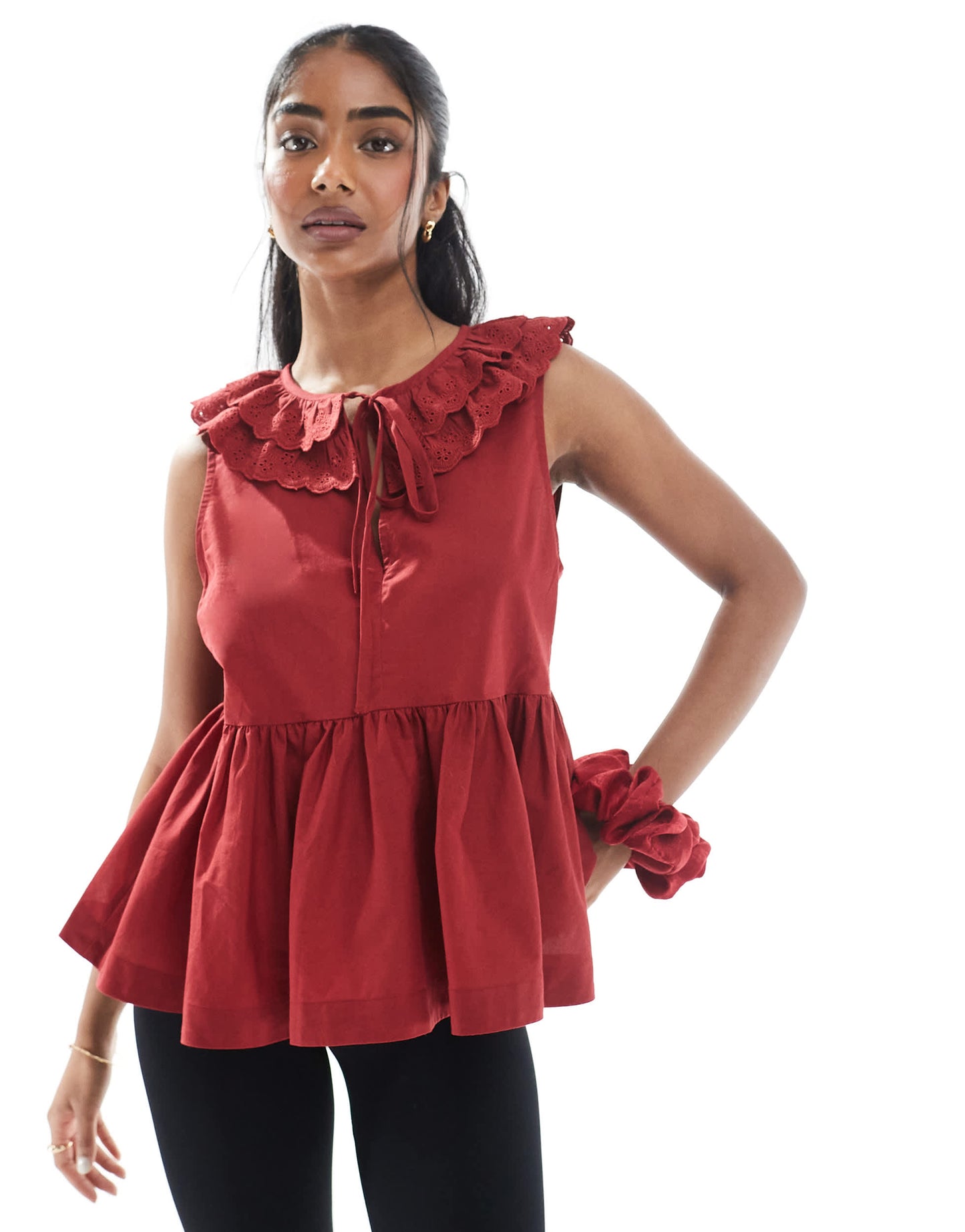 ASOS DESIGN sleeveless smock top with broderie collar and tie neck in burgundy