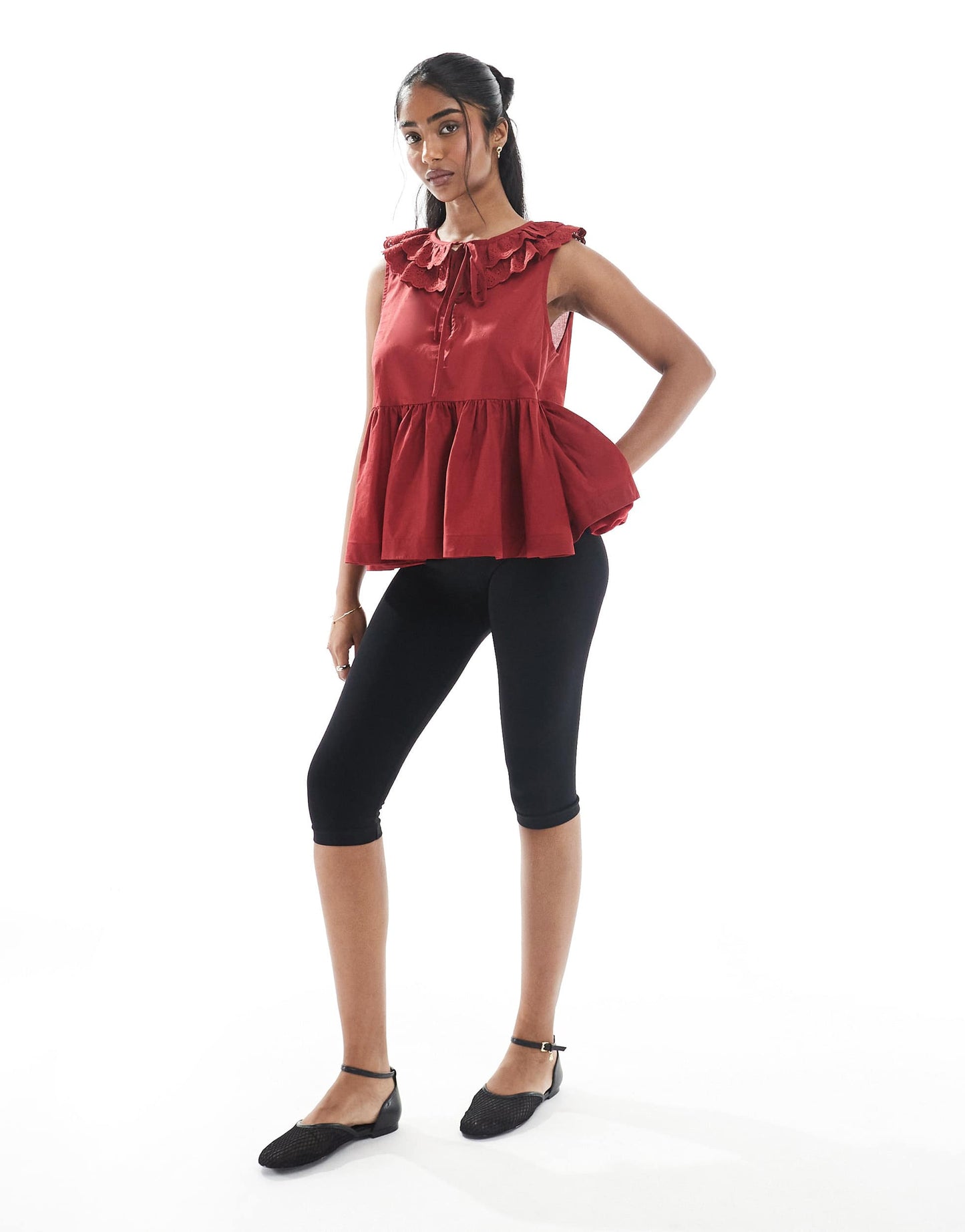 ASOS DESIGN sleeveless smock top with broderie collar and tie neck in burgundy