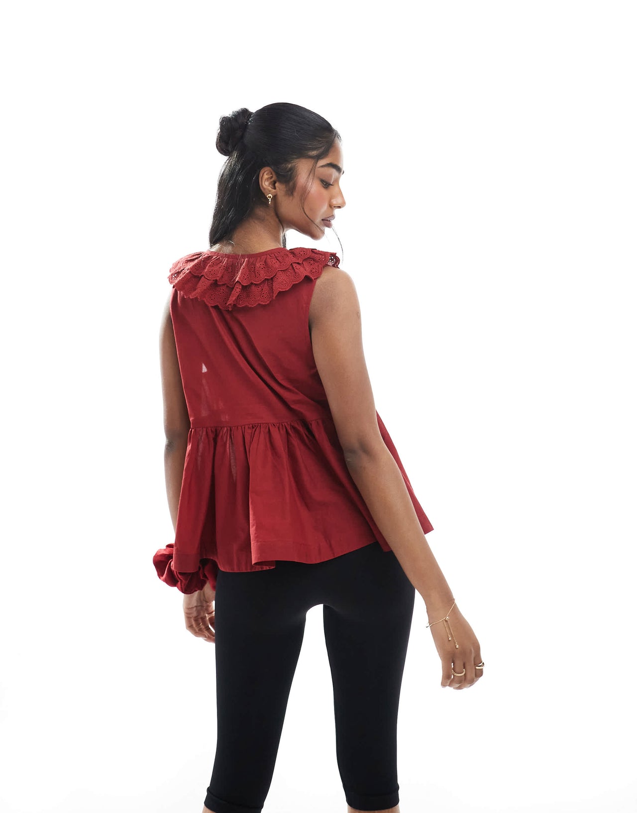 ASOS DESIGN sleeveless smock top with broderie collar and tie neck in burgundy
