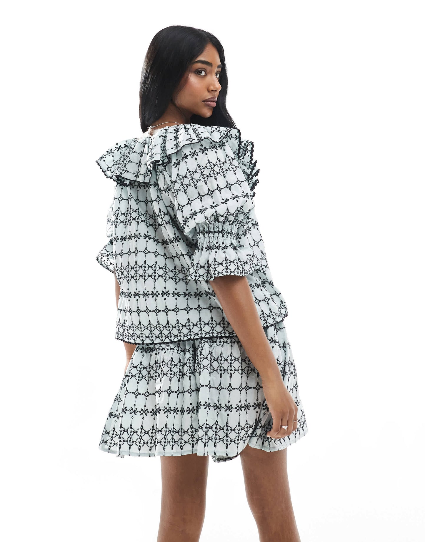ASOS DESIGN co-ord frilly skort in blue broderie