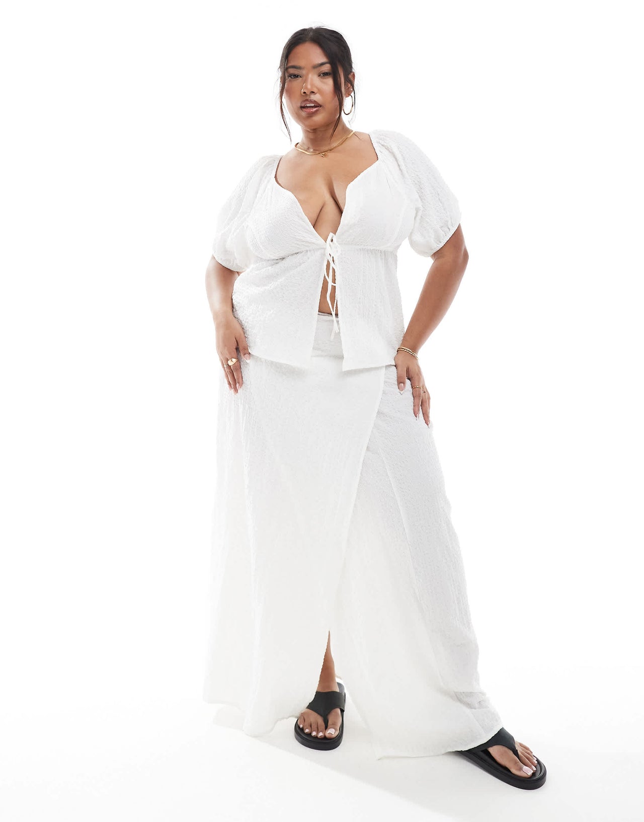 Esmee Curve Exclusive puff sleeve tie front beach top in white