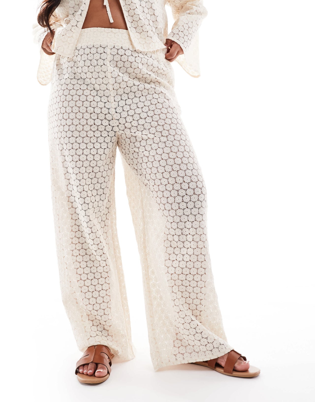 Esmee Curve Exclusive crochet beach trouser co-ord in cream