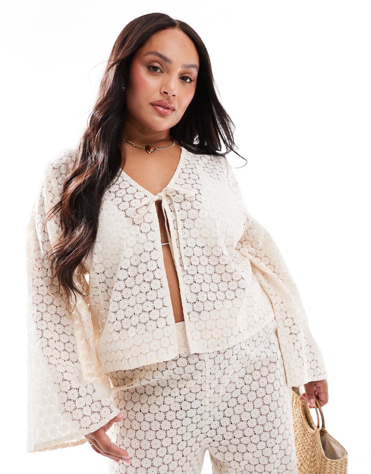 Esmee Curve Exclusive crochet long sleeve tie front beach shirt co-ord in cream