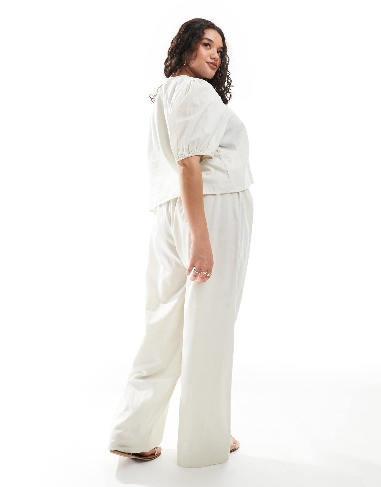 Esmee Curve Exclusive tie front puff sleeve beach top in oat