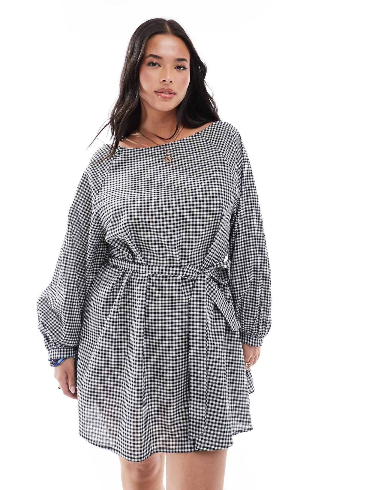 Esmee Curve Exclusive three quarter sleeve mini beach dress in black and white gingham
