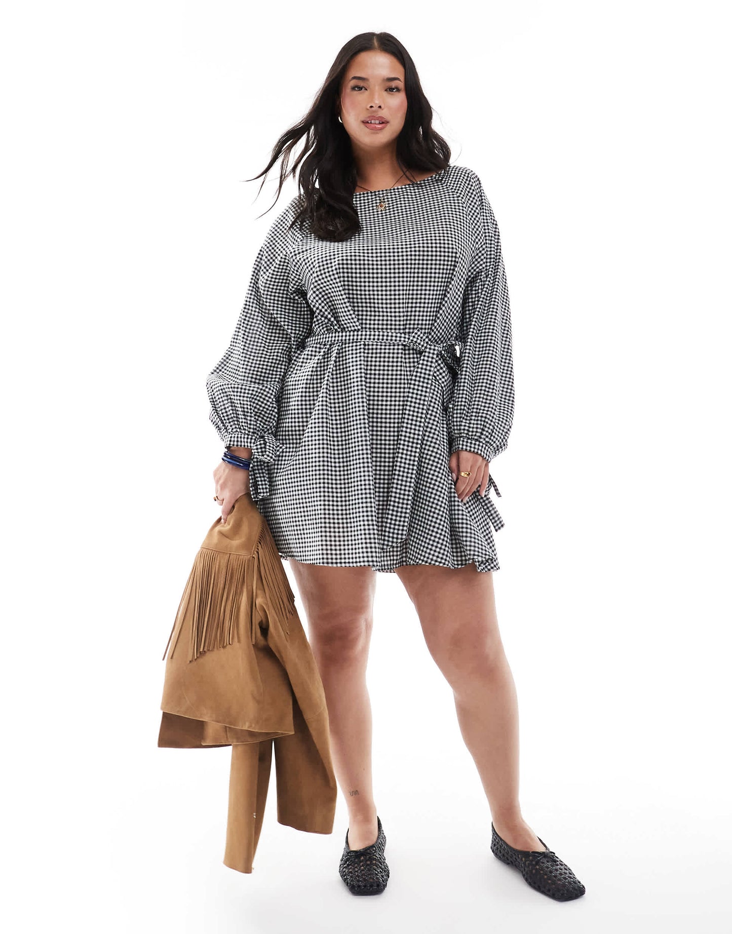 Esmee Curve Exclusive three quarter sleeve mini beach dress in black and white gingham