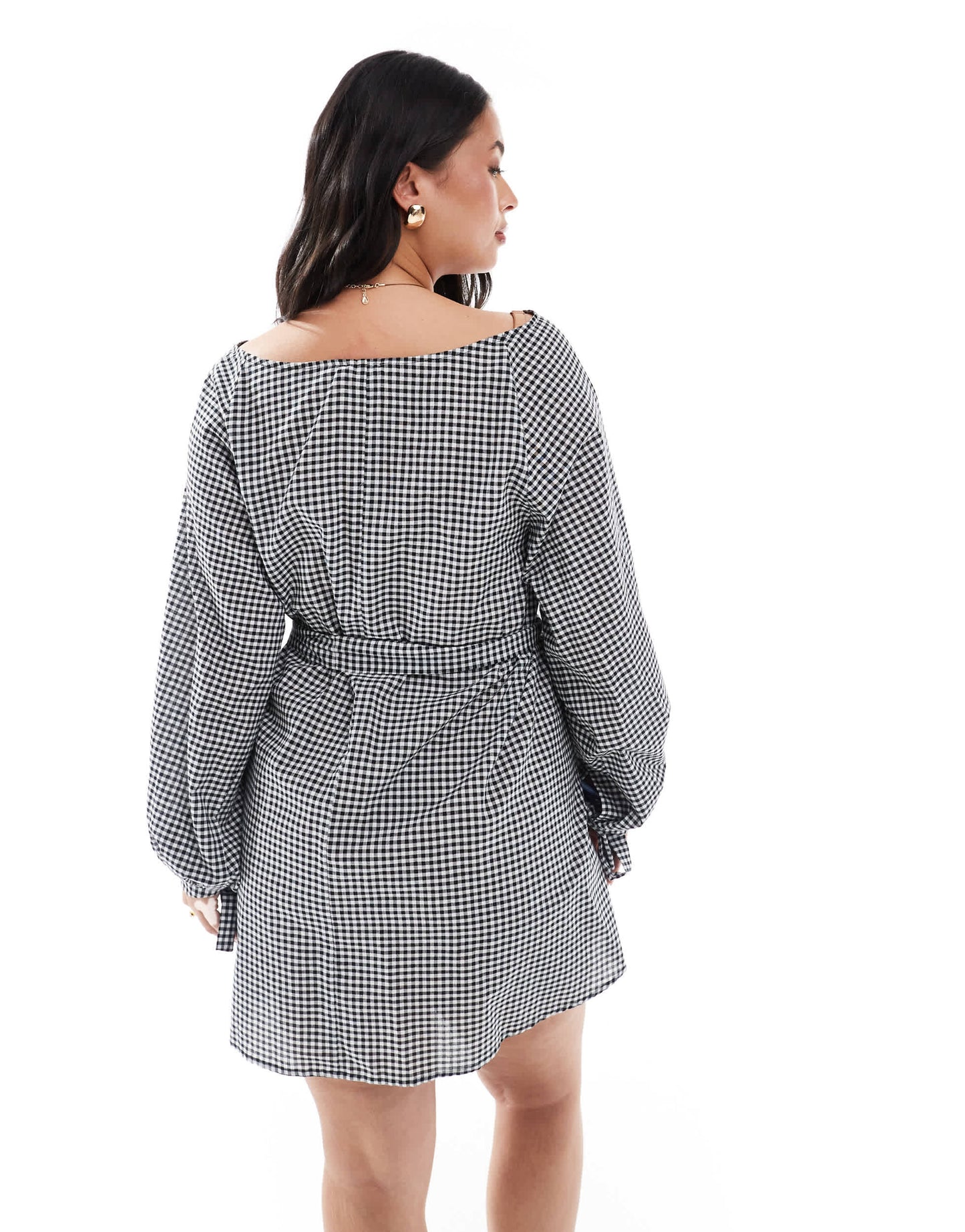 Esmee Curve Exclusive three quarter sleeve mini beach dress in black and white gingham