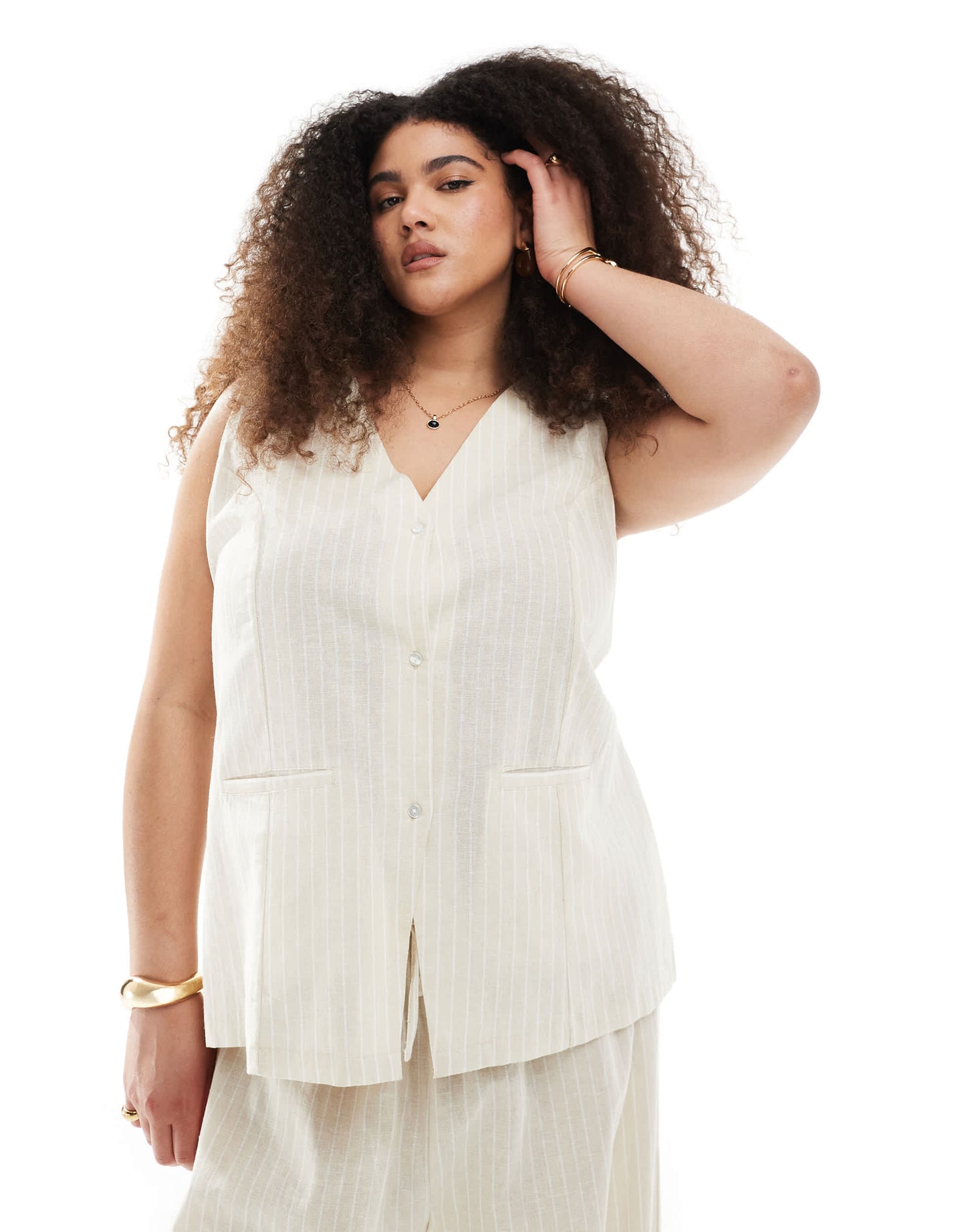 Esmee Curve Exclusive waistcoat co-ord in beige and white stripe