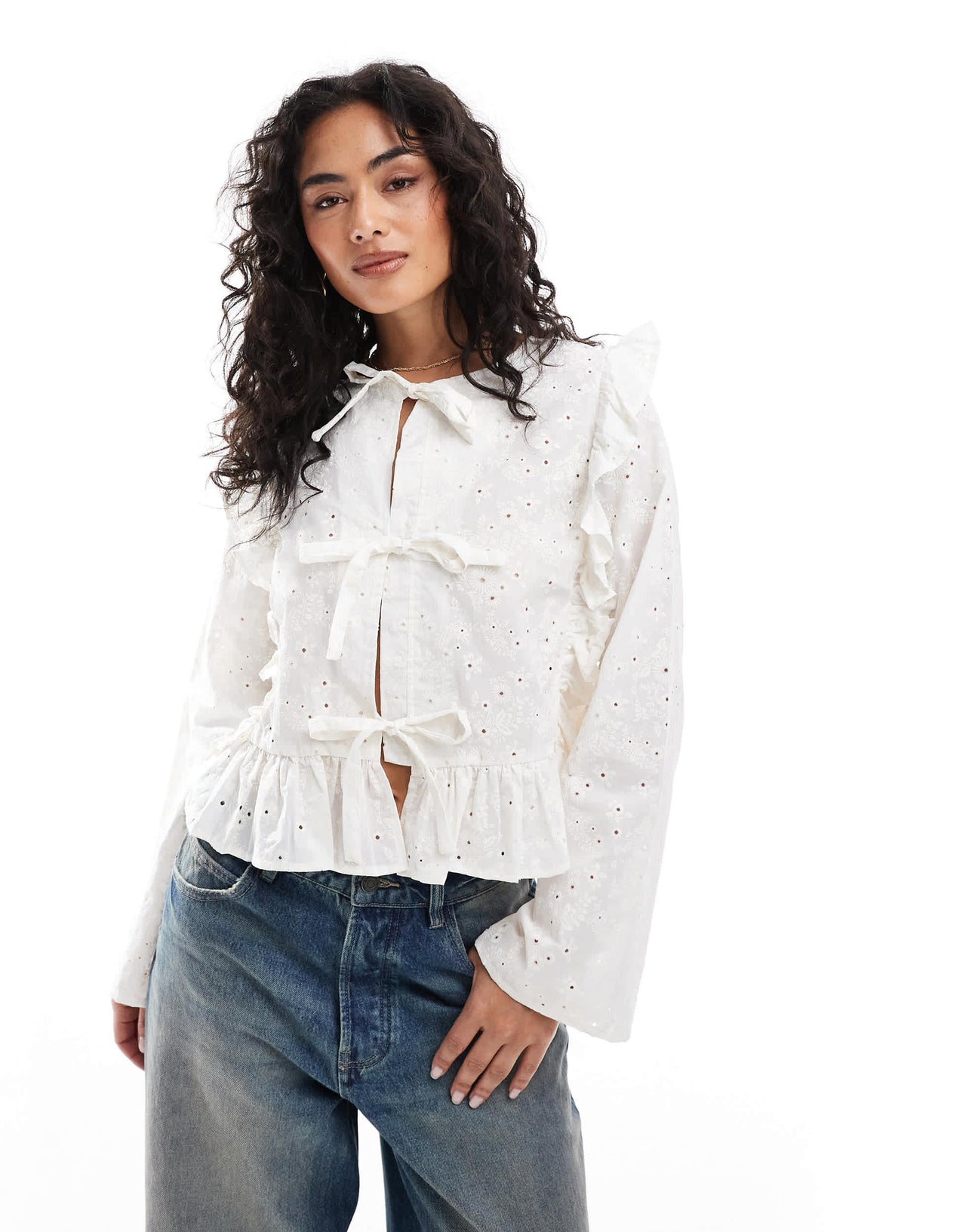 Object tie front long sleeved blouse with ruffles in off white