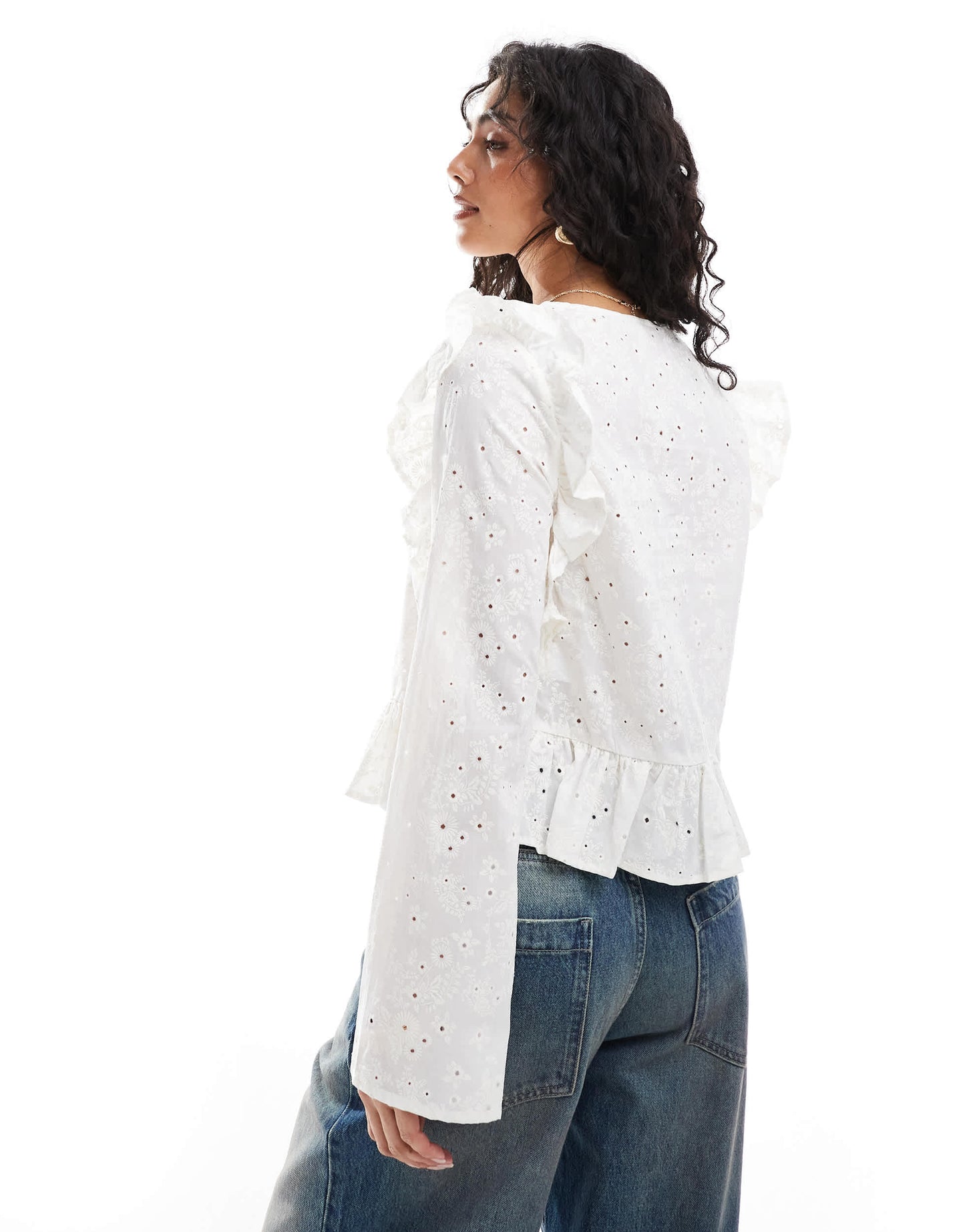 Object tie front long sleeved blouse with ruffles in off white