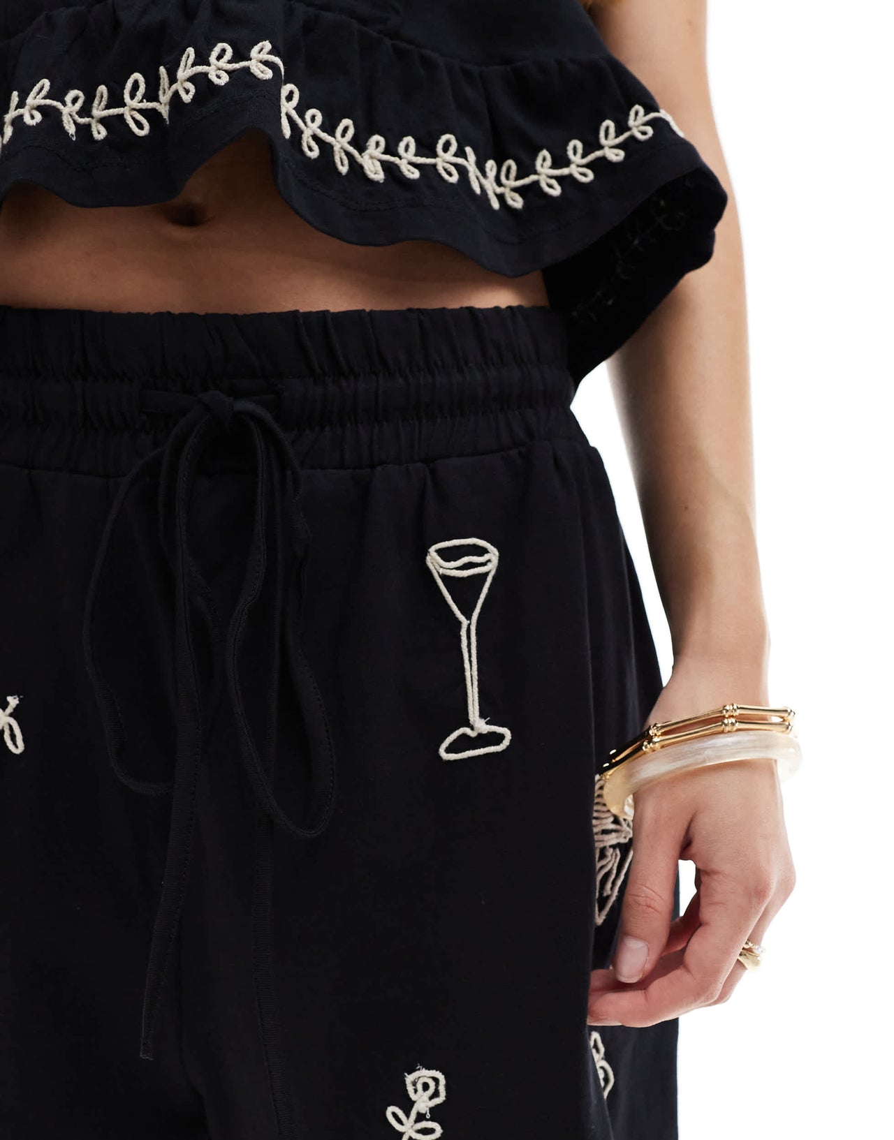 Object embroidered jersey shorts co-ord in black