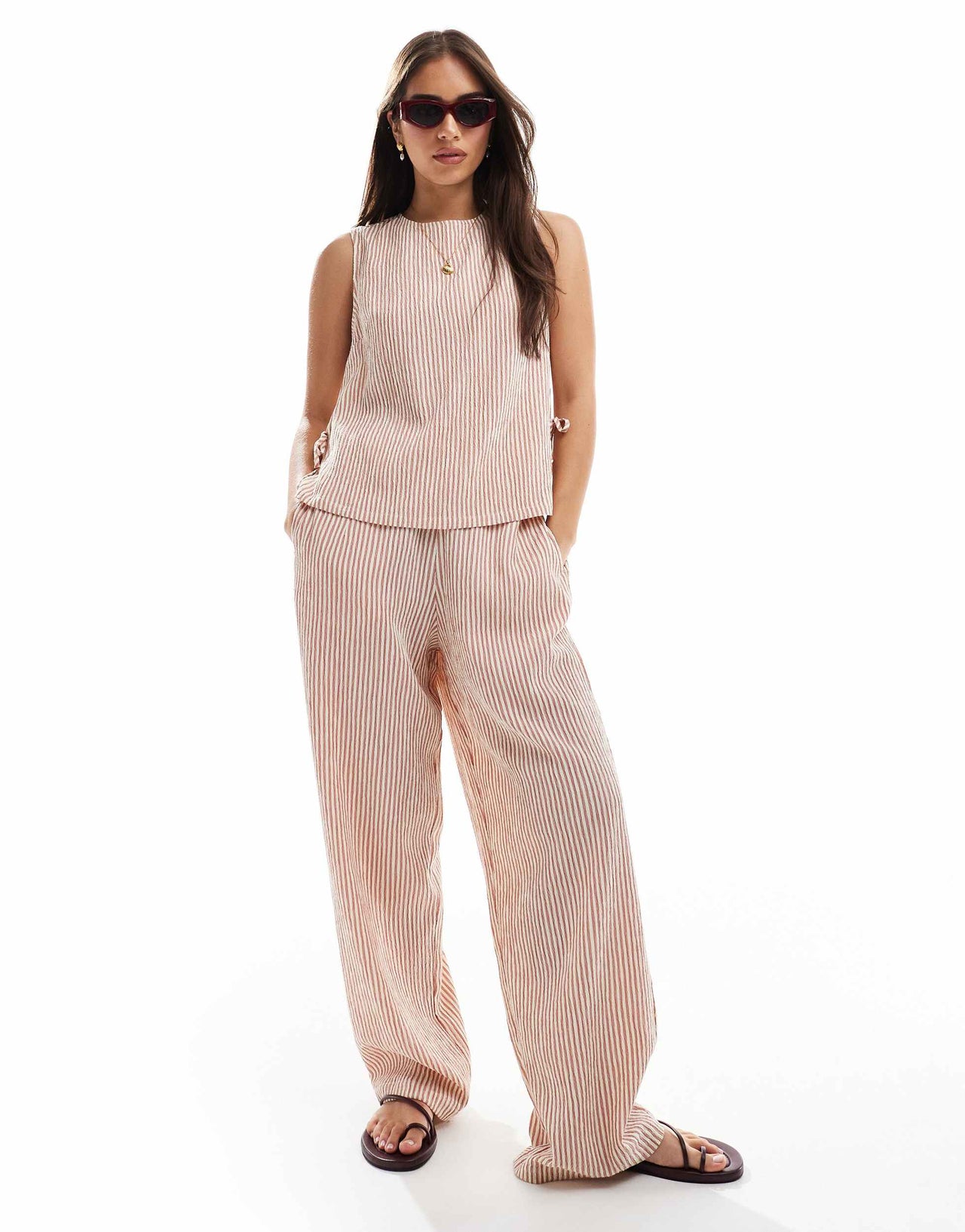 ASOS DESIGN textured pull on straight leg trousers co-ord in rose stripe