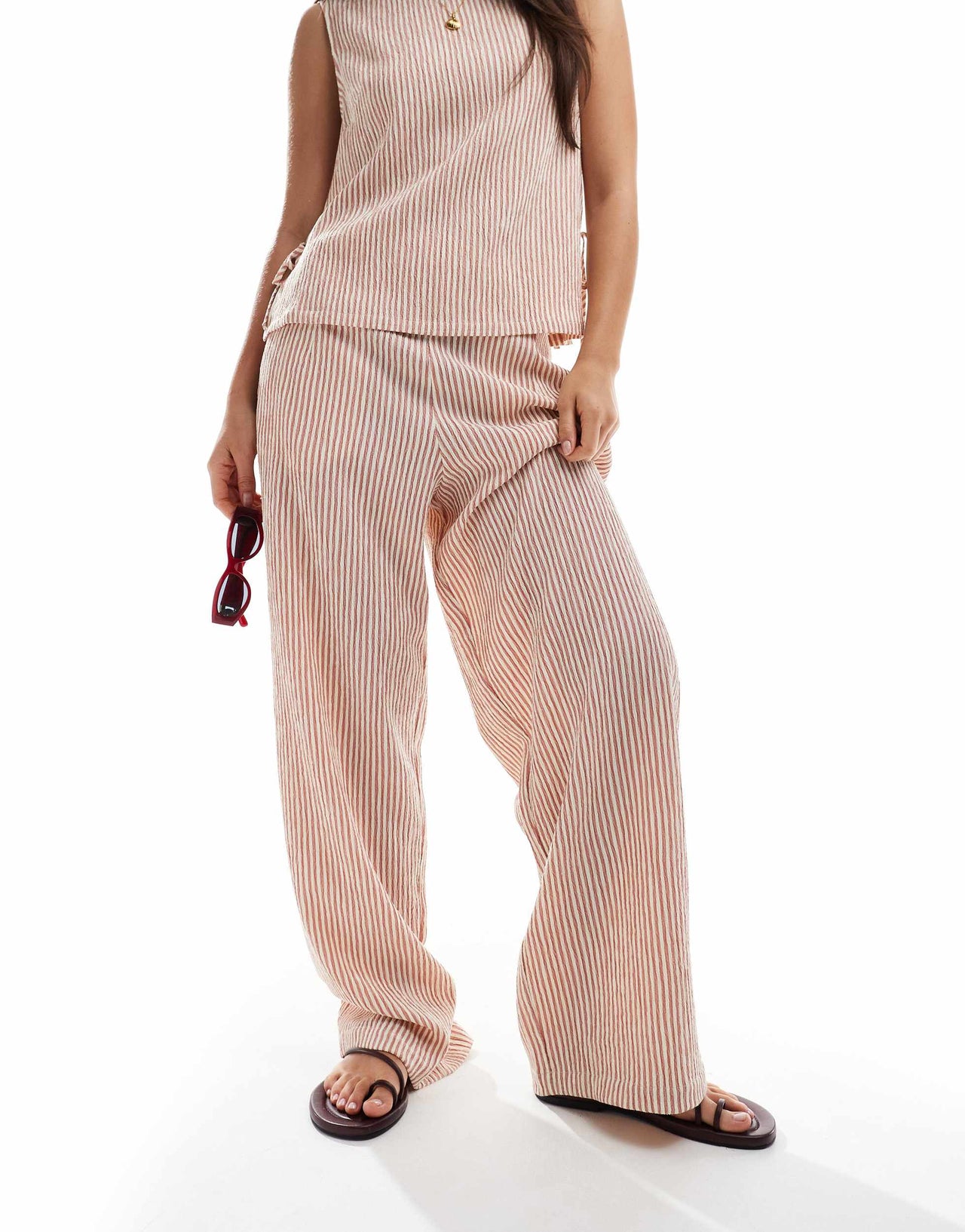 ASOS DESIGN textured pull on straight leg trousers co-ord in rose stripe