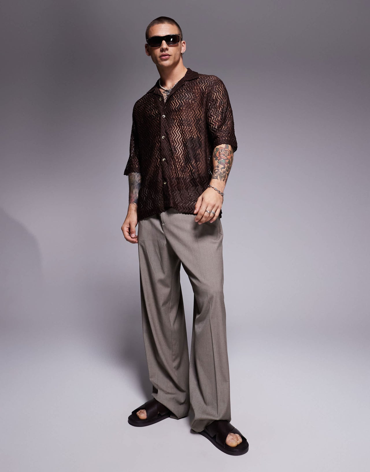 ASOS DESIGN boxy revere shirt crochet shirt in brown