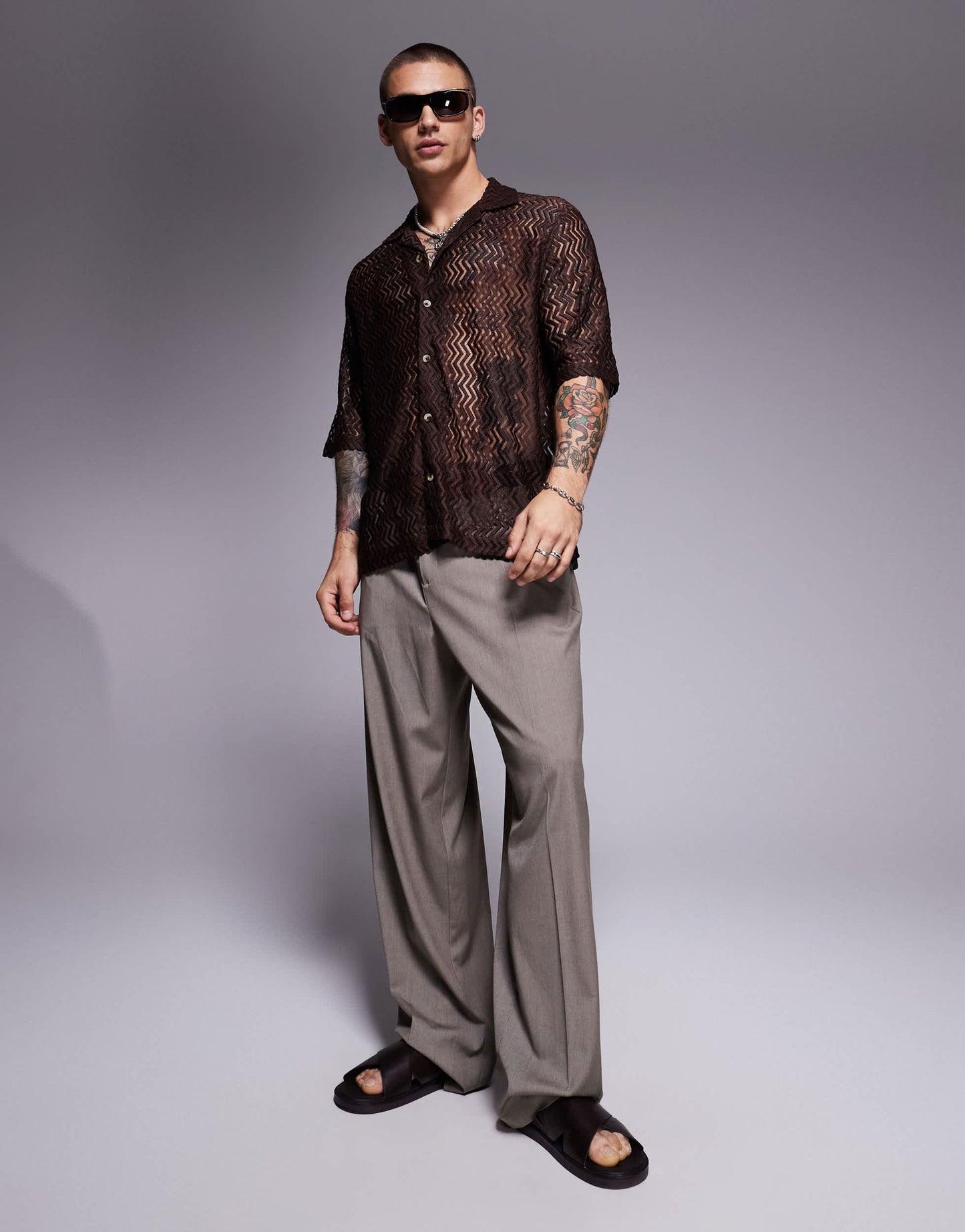ASOS DESIGN boxy revere shirt crochet shirt in brown
