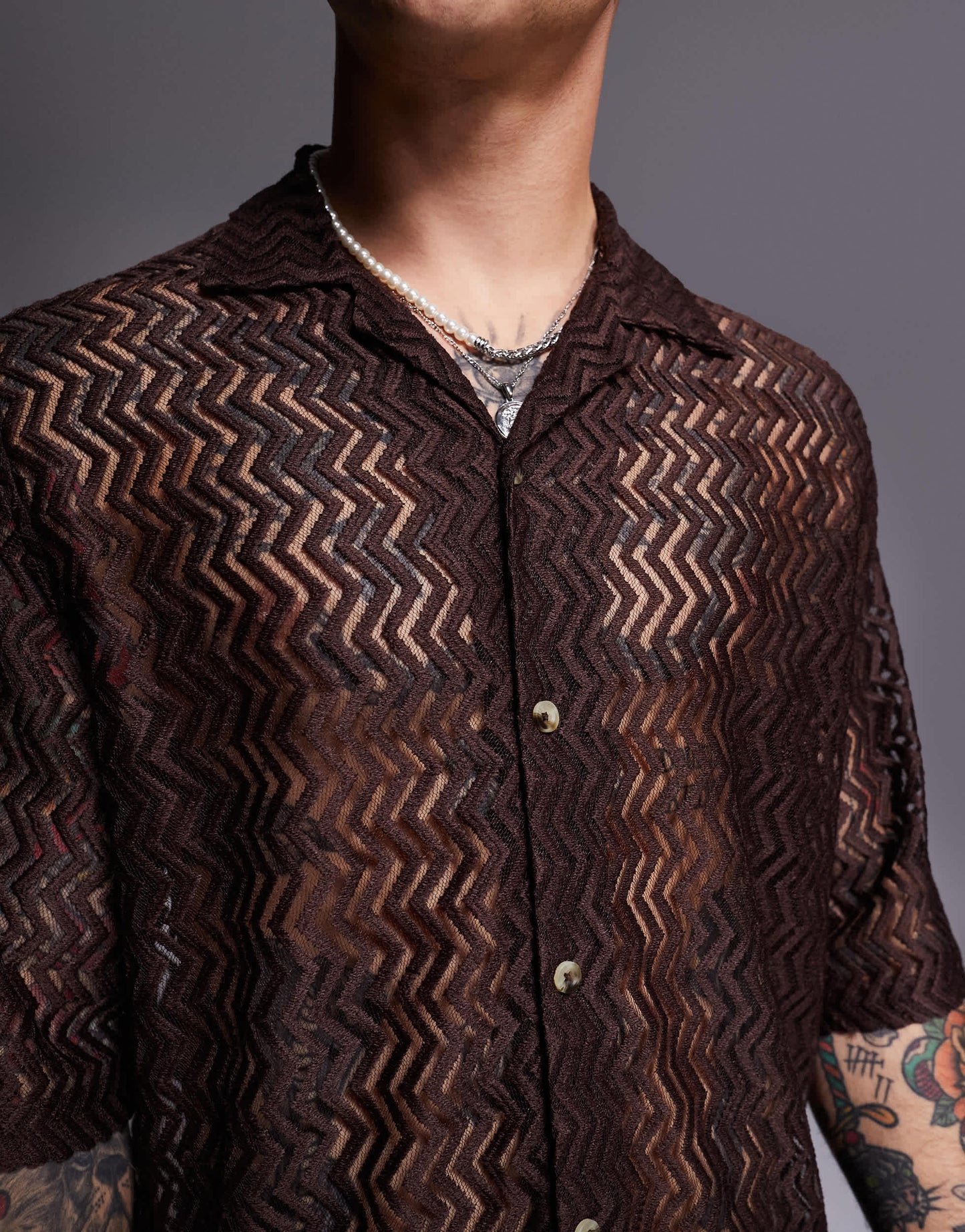 ASOS DESIGN boxy revere shirt crochet shirt in brown