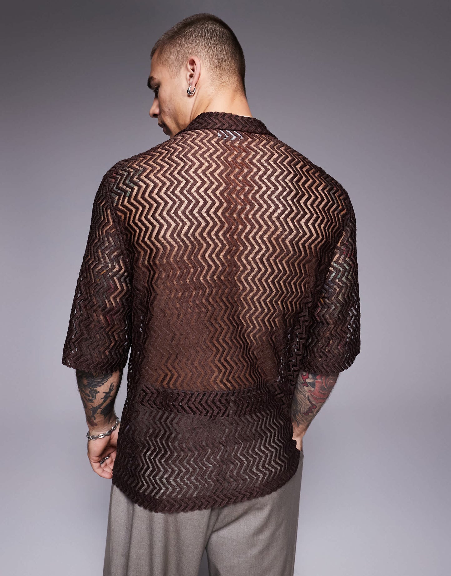 ASOS DESIGN boxy revere shirt crochet shirt in brown