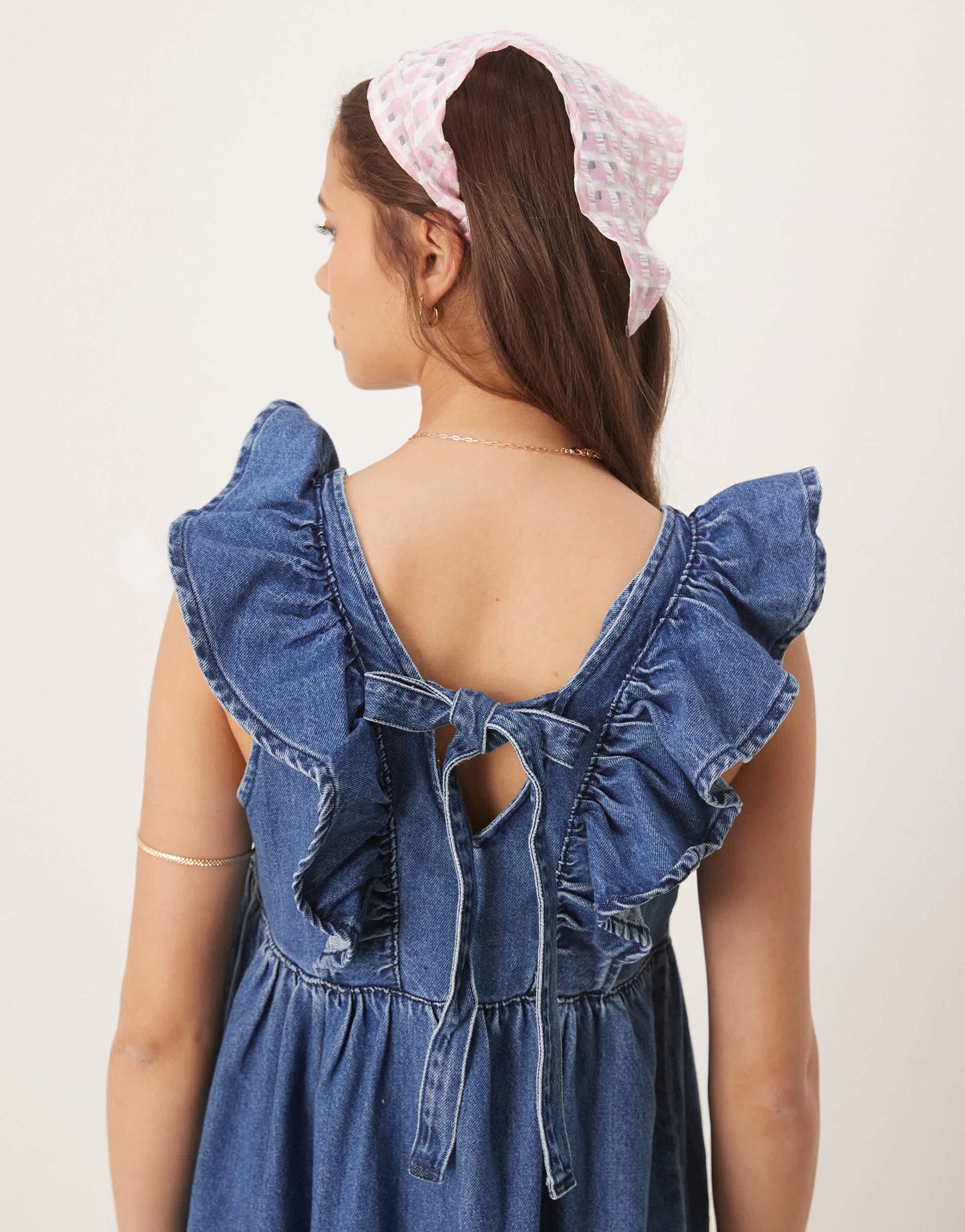 ASOS DESIGN denim smock maxi dress with bow back in midwash blue