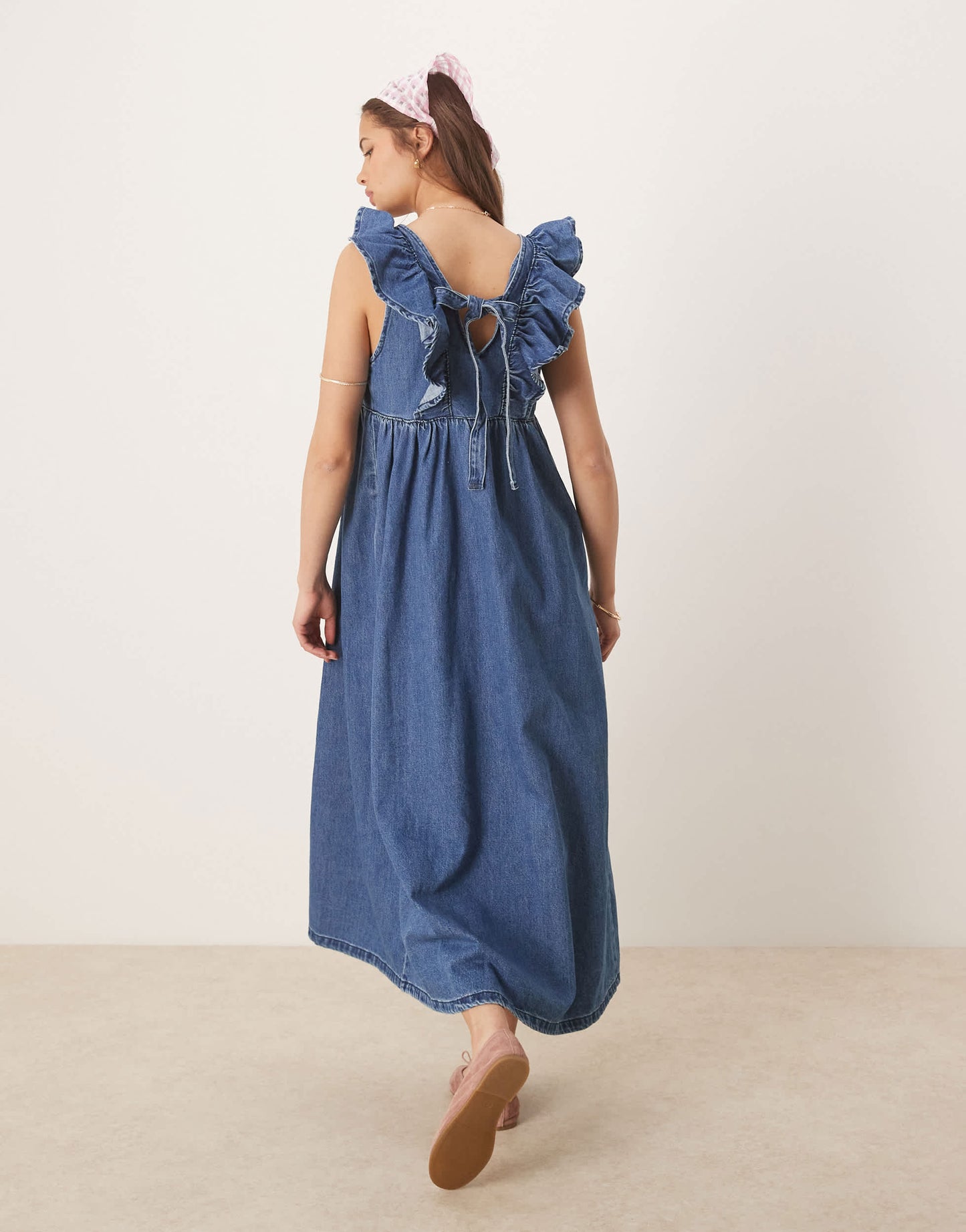 ASOS DESIGN denim smock maxi dress with bow back in midwash blue