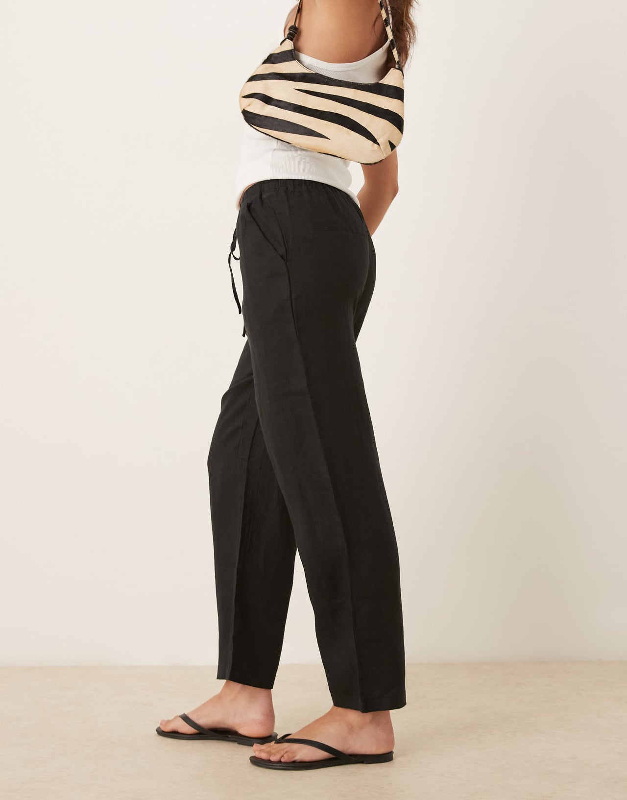 Mango tie waist linen trousers in black