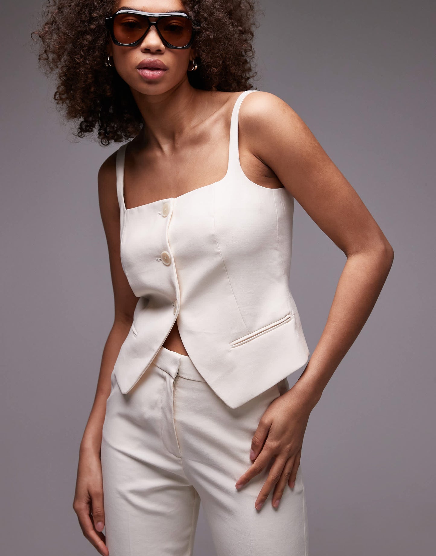 Mango linen look square neck waistcoat co-ord in beige