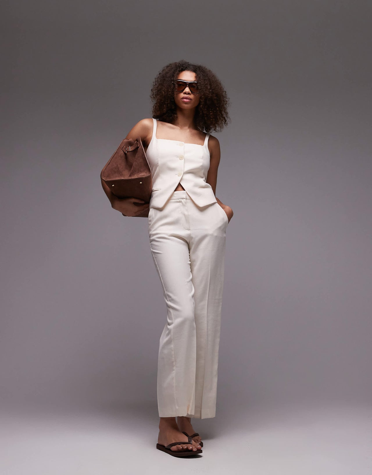 Mango linen look square neck waistcoat co-ord in beige