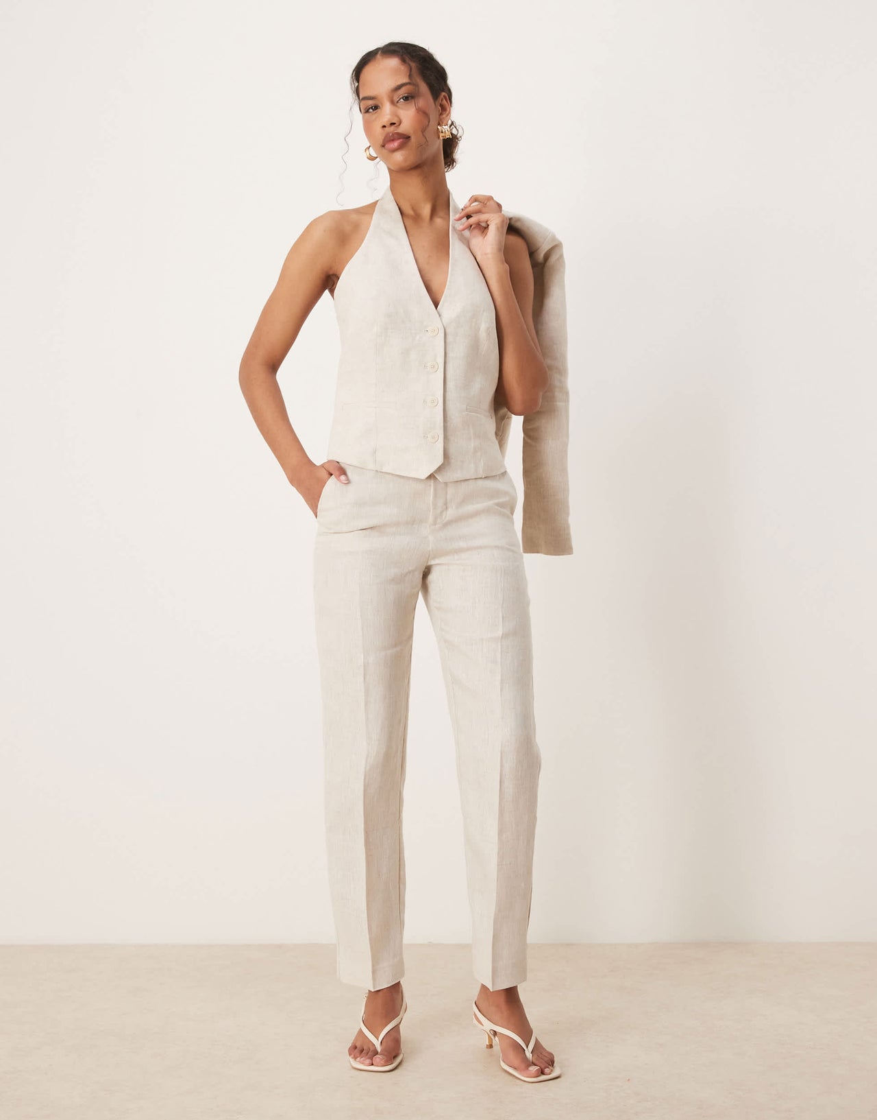 Mango linen tailored trouser co-ord in ecru
