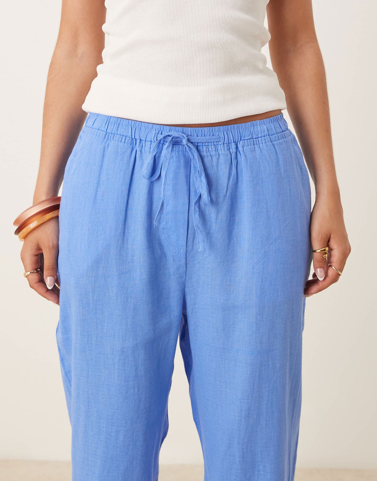 Mango tie waist linen trousers in light blue