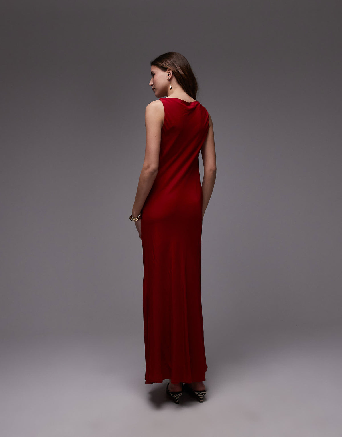 Mango satin drape neck maxi dress in red