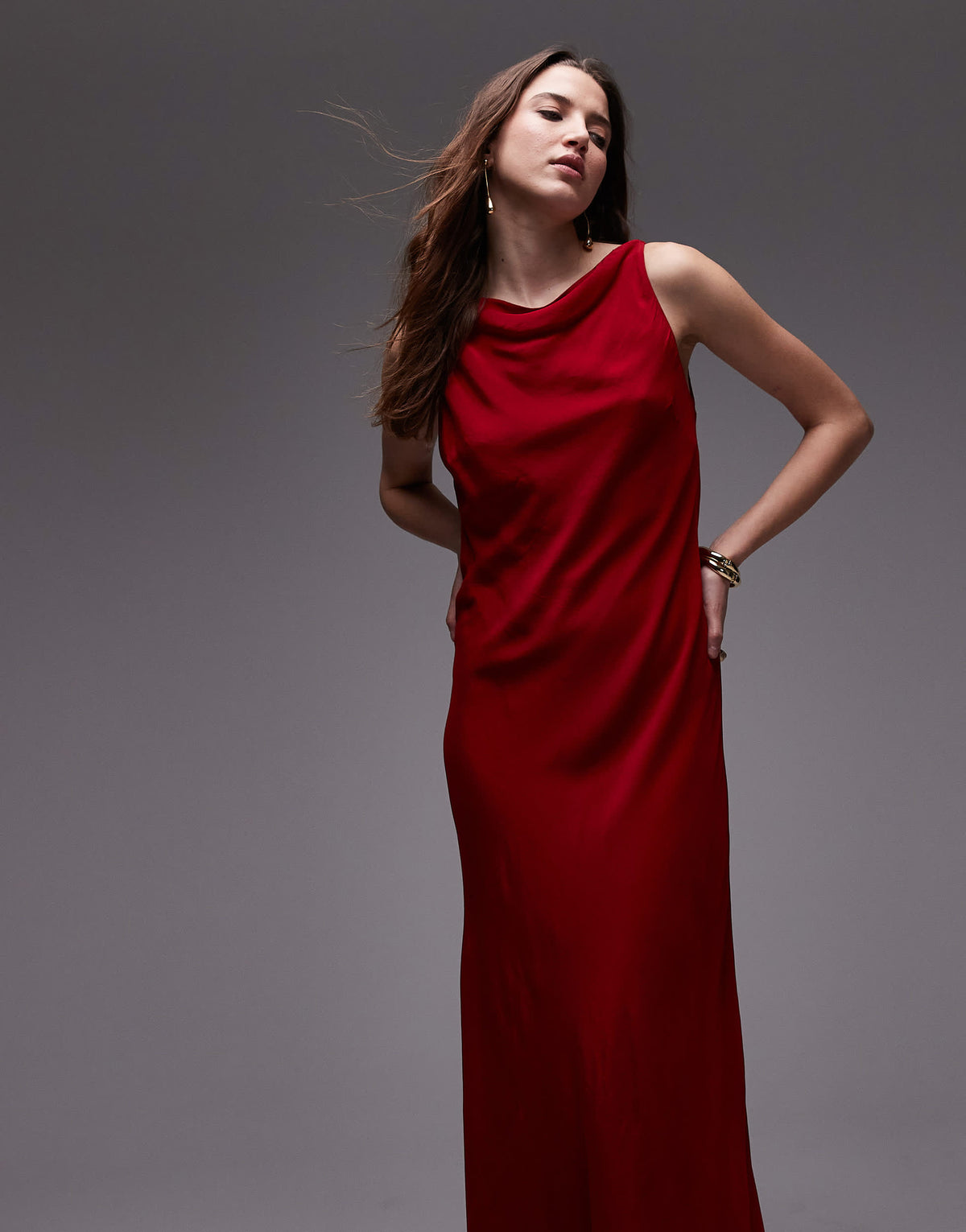 Mango satin drape neck maxi dress in red