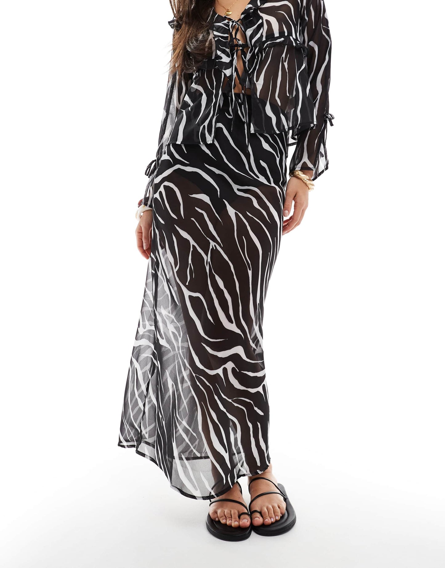 Esmee Exclusive sheer tie front beach skirt in zebra