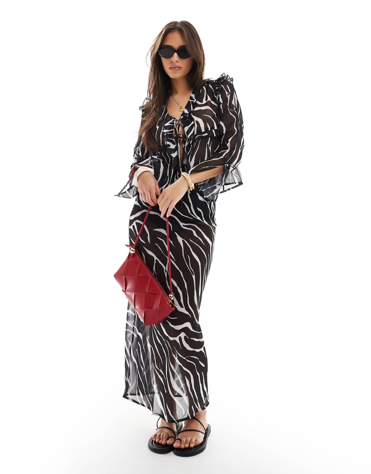 Esmee Exclusive sheer tie front beach top with ruffle trim in zebra