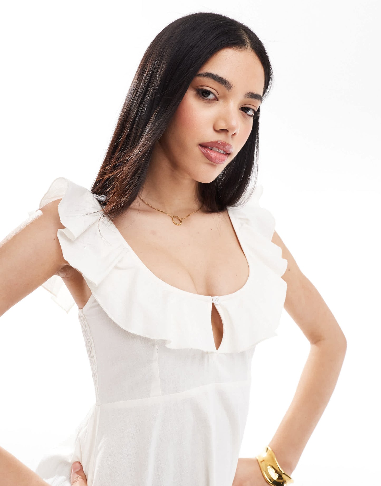 Esmee Exclusive ruffle sleeve tie front mini beach dress in cream