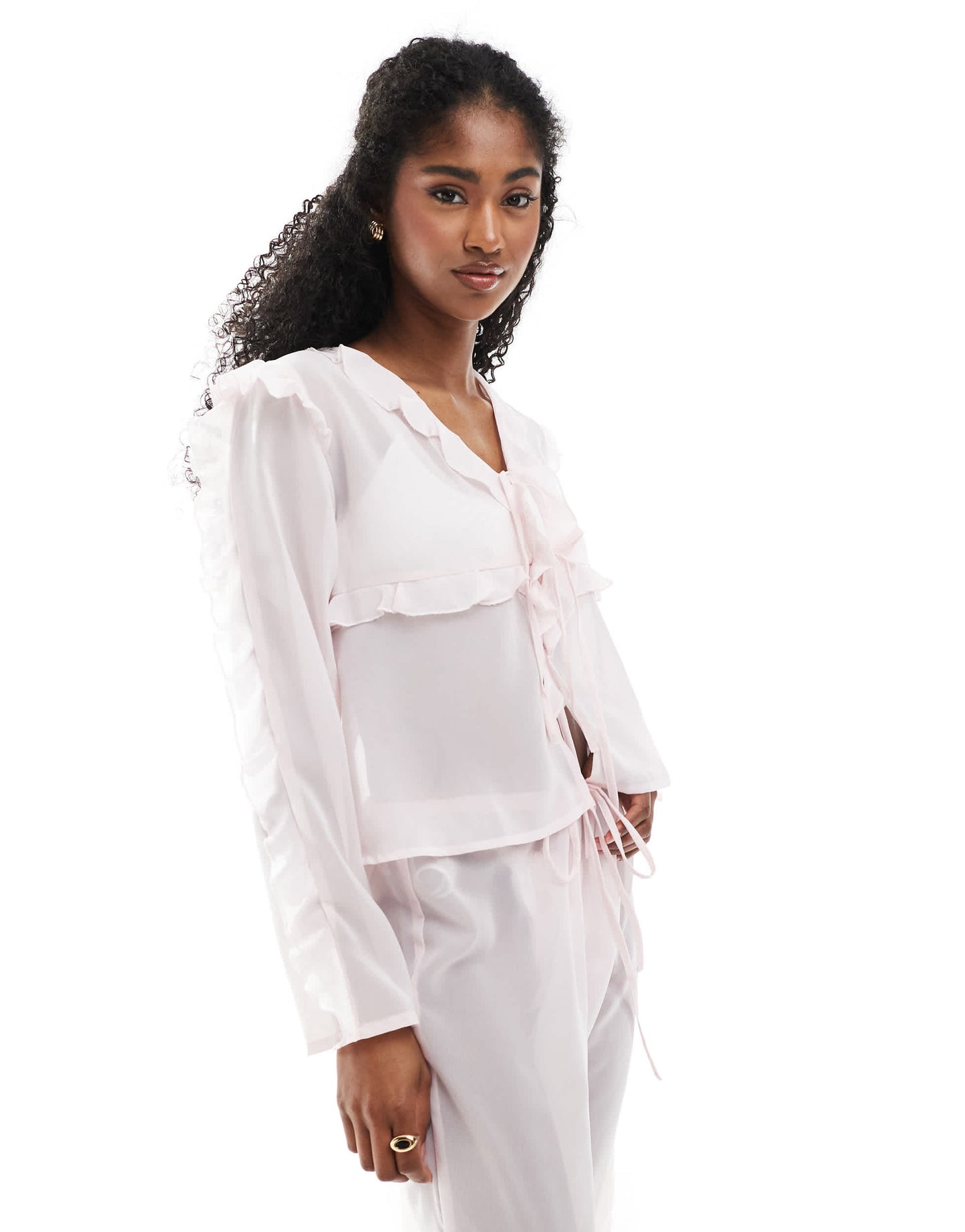 Esmee Exclusive sheer tie front beach top with ruffle trim in pink