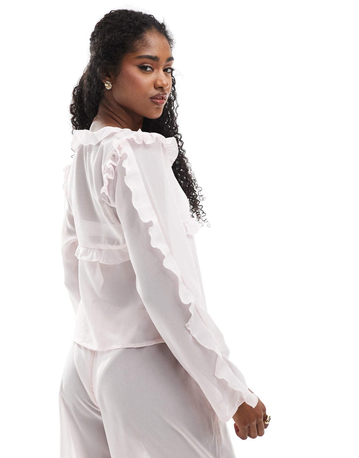 Esmee Exclusive sheer tie front beach top with ruffle trim in pink