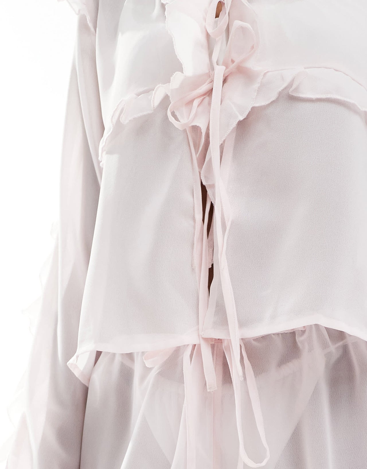 Esmee Exclusive sheer tie front beach top with ruffle trim in pink