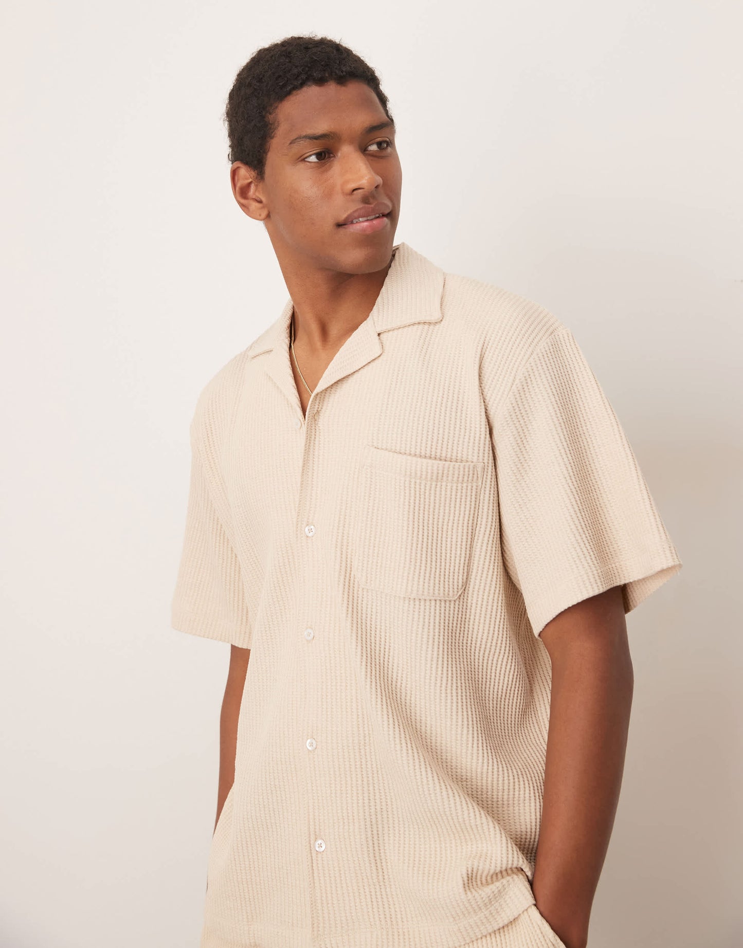 Selected co-ord revere collar waffle shirt in cream