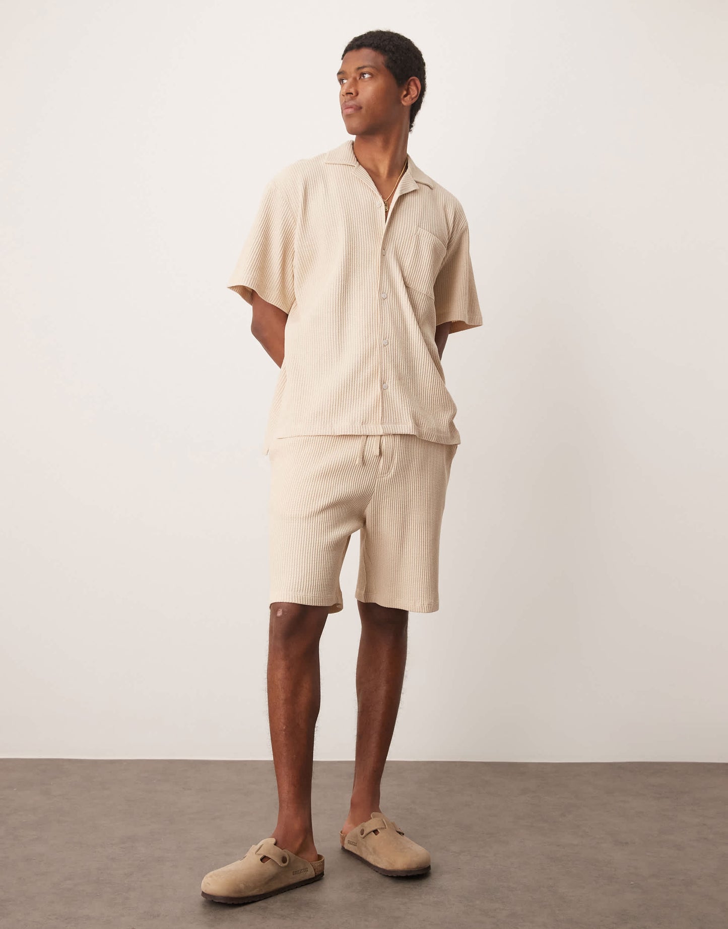 Selected co-ord revere collar waffle shirt in cream