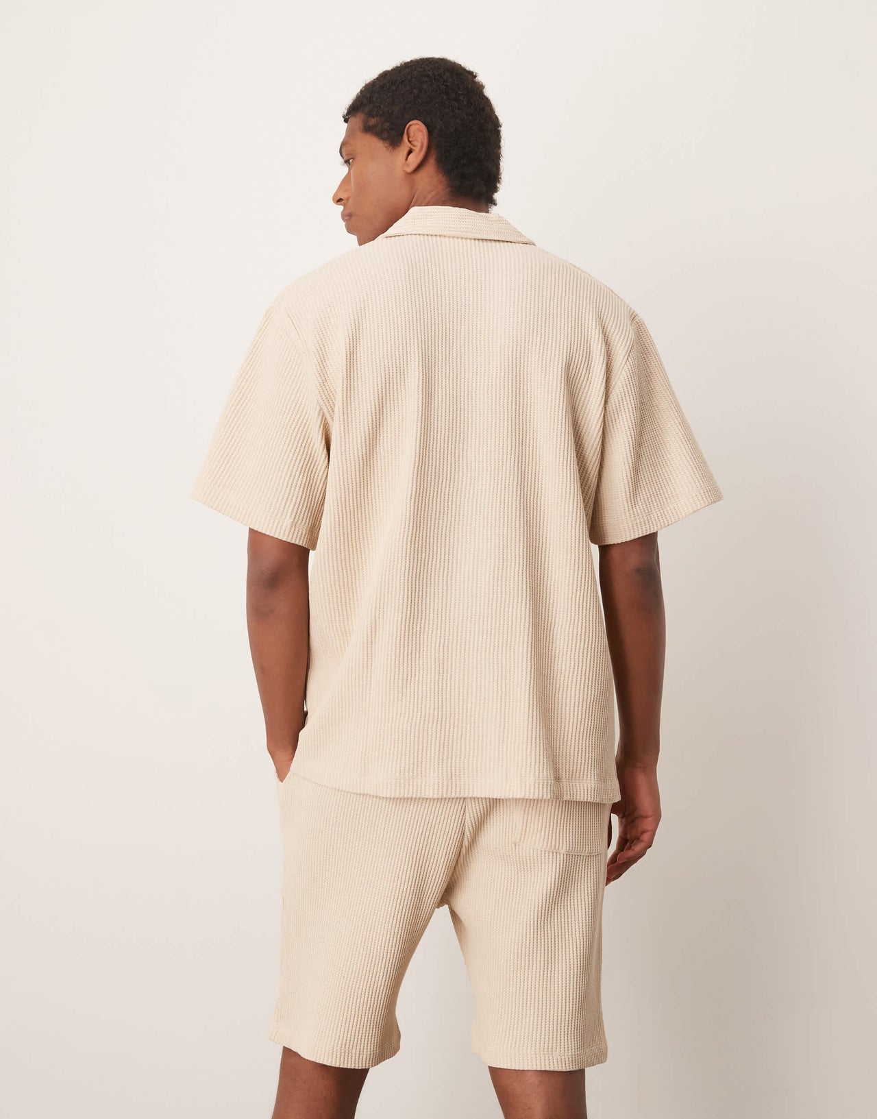 Selected co-ord revere collar waffle shirt in cream