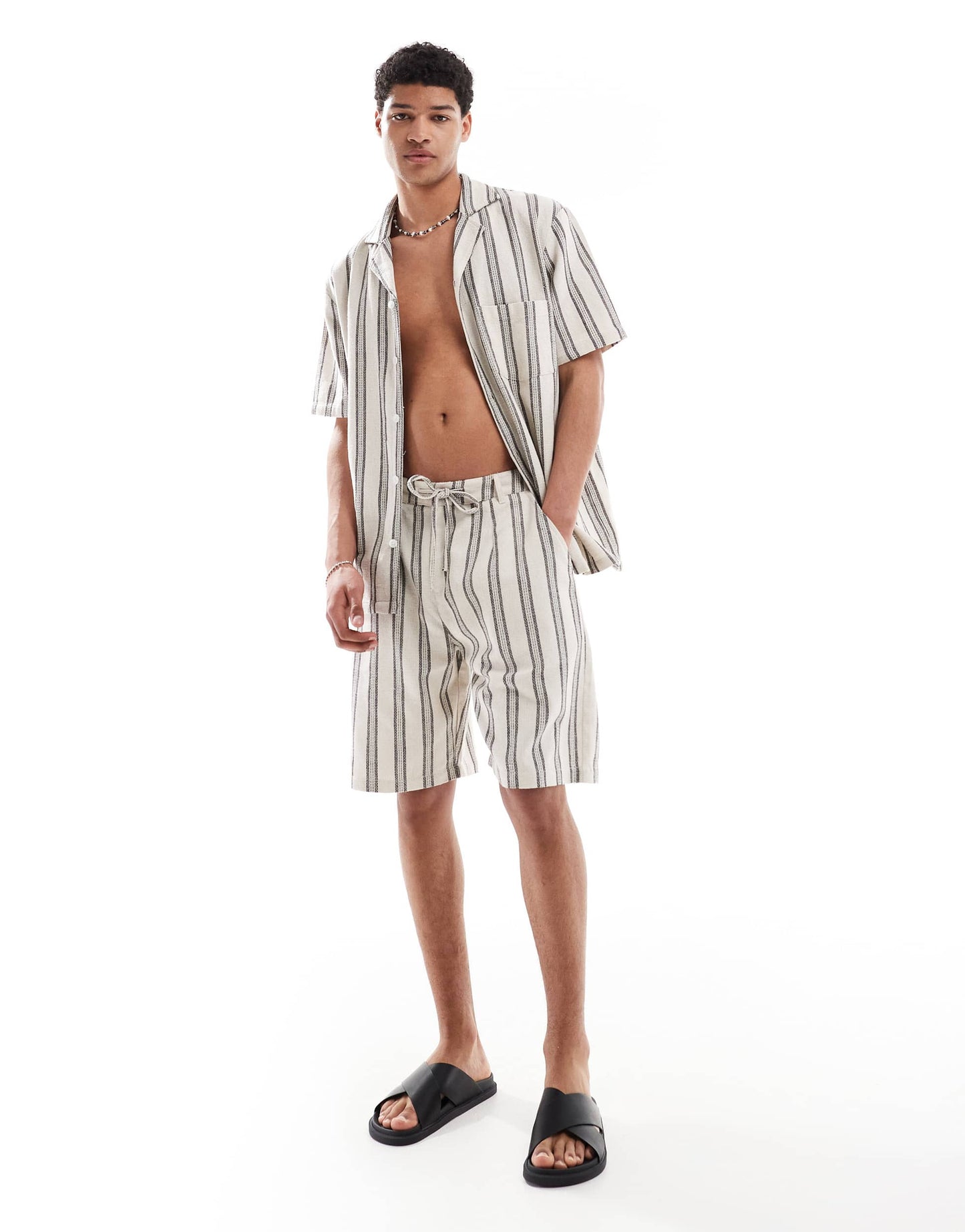 Sol Beach stripe crochet beach shorts in grey and white