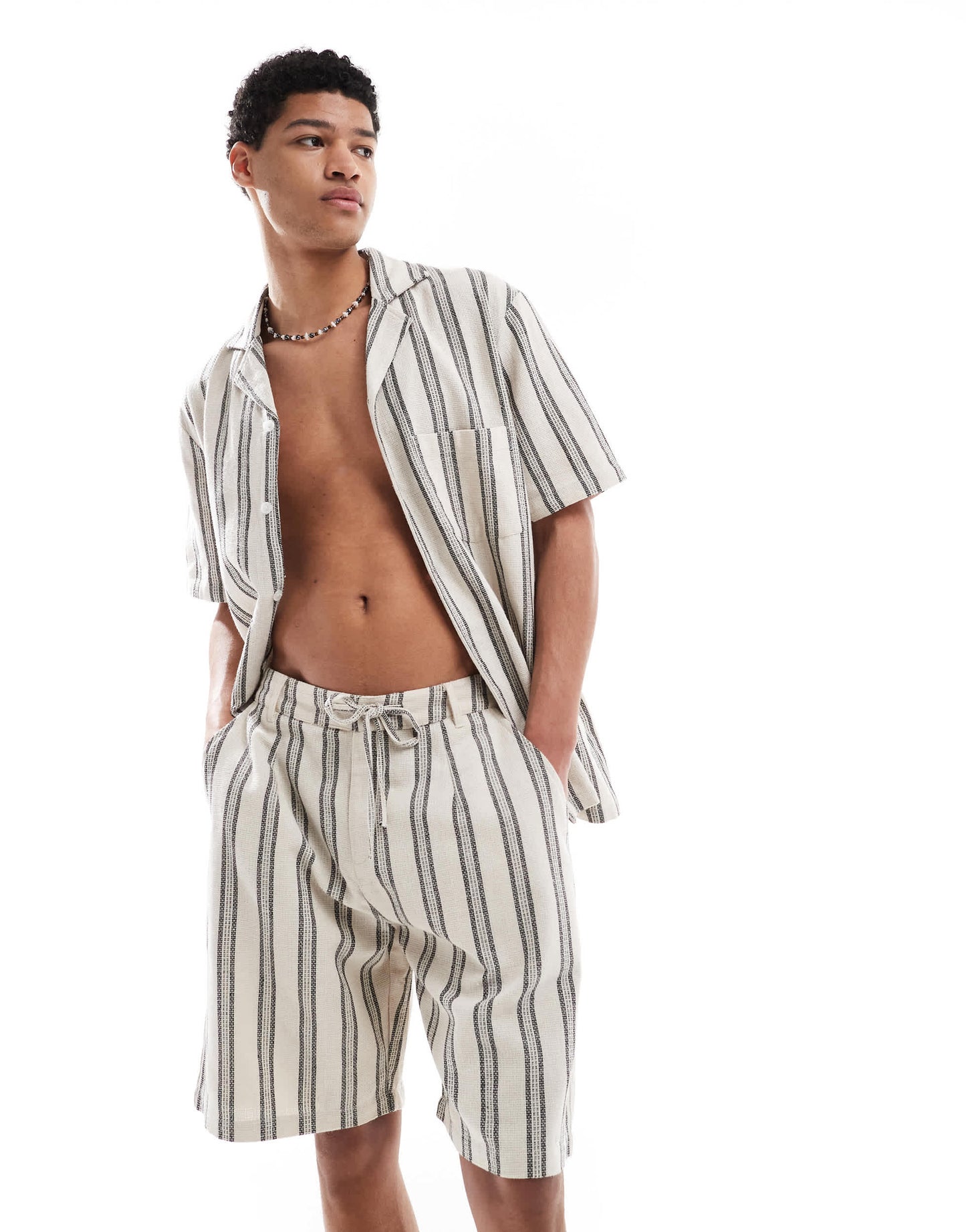 Sol Beach stripe crochet beach shorts in grey and white