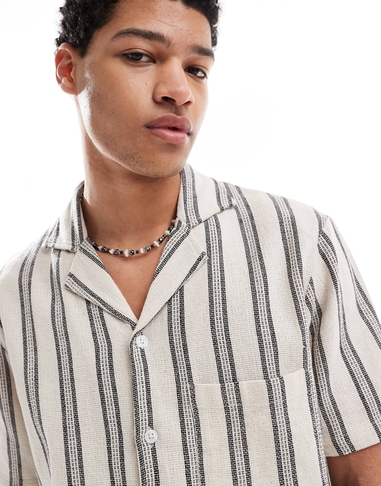 Sol Beach stripe crochet beach shirt in grey and white
