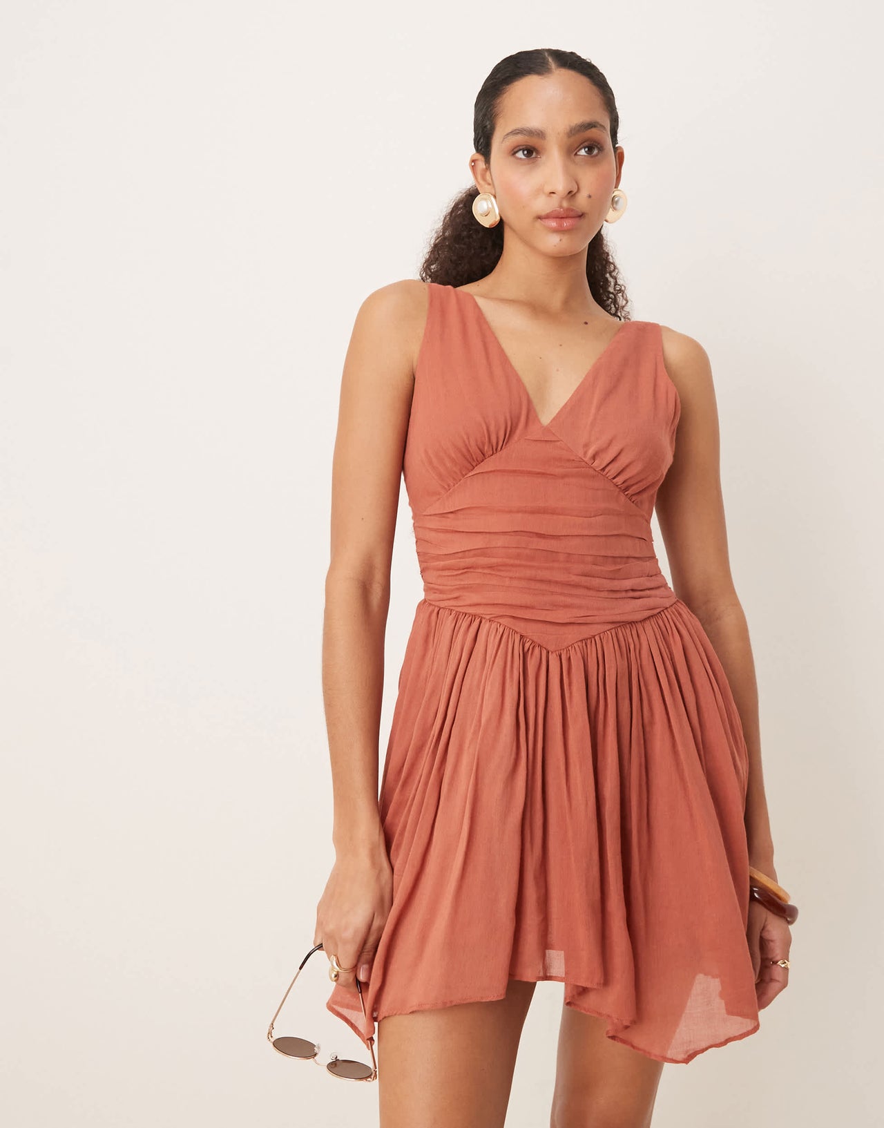 ASOS DESIGN v neck mini dress with hanky hem in terracotta