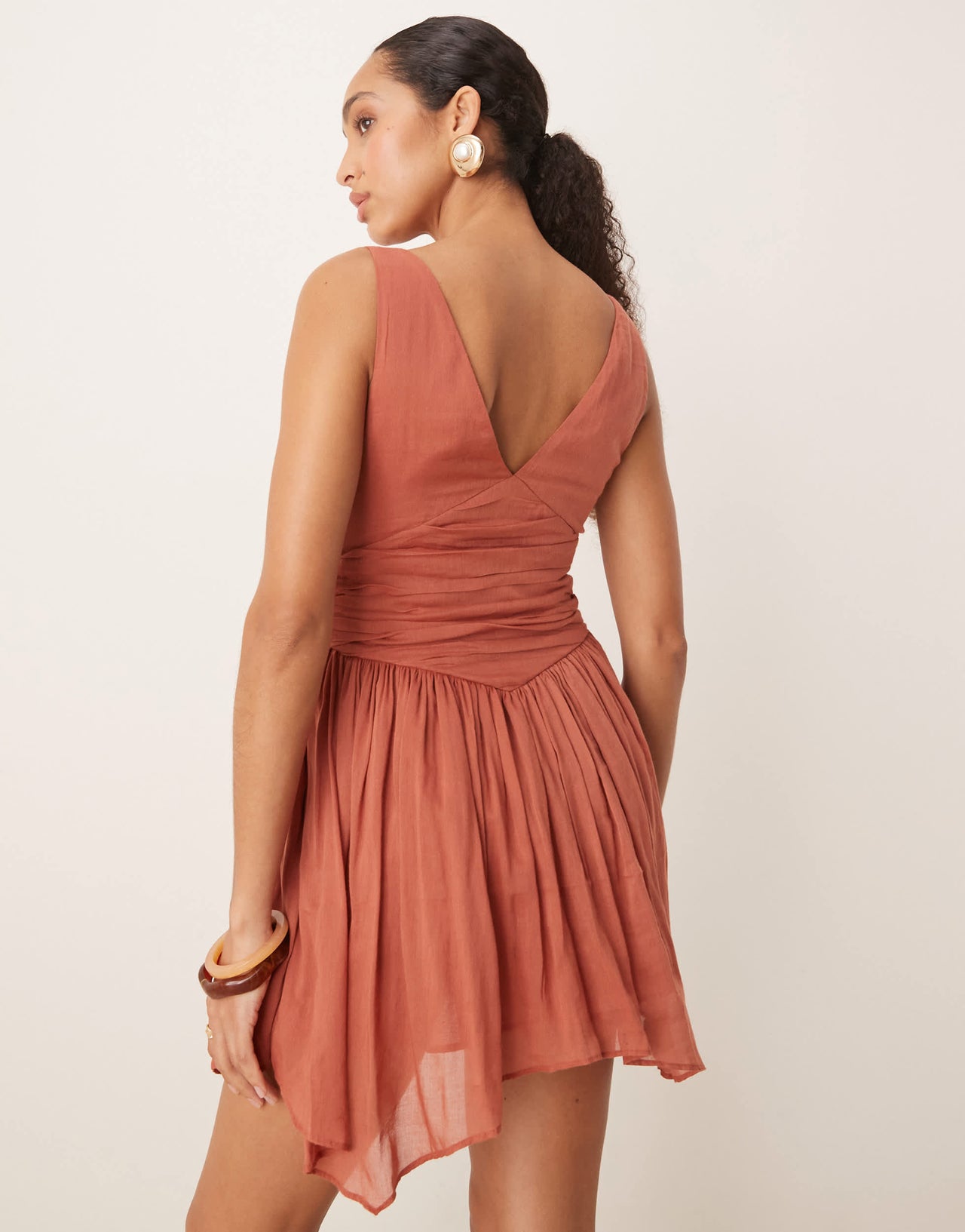 ASOS DESIGN v neck mini dress with hanky hem in terracotta